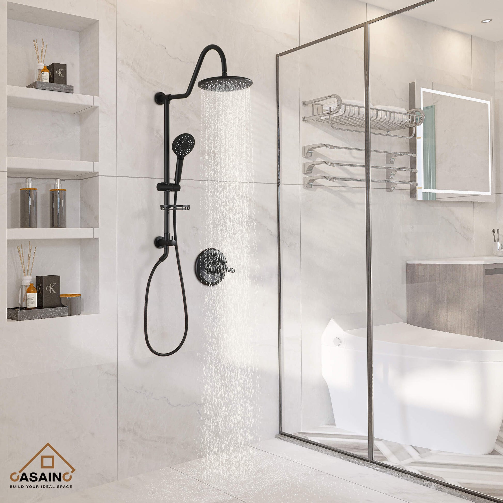 Casainc Matte Black Dual Shower Heads System with 3 Spray Patterns Hand Shower