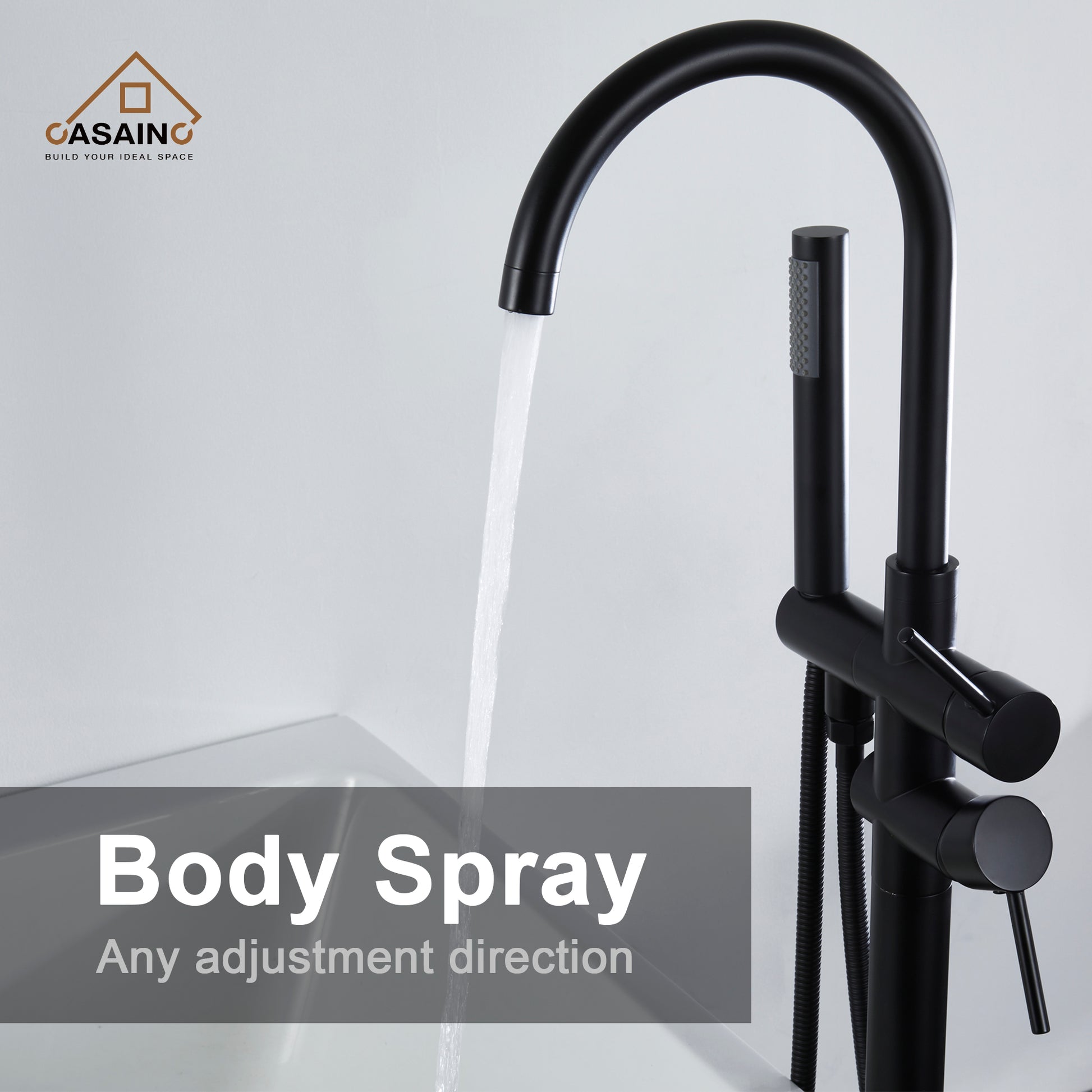 CASAINC Double-Handles Floor-Mount Freestanding Tub Filler with Handshower
