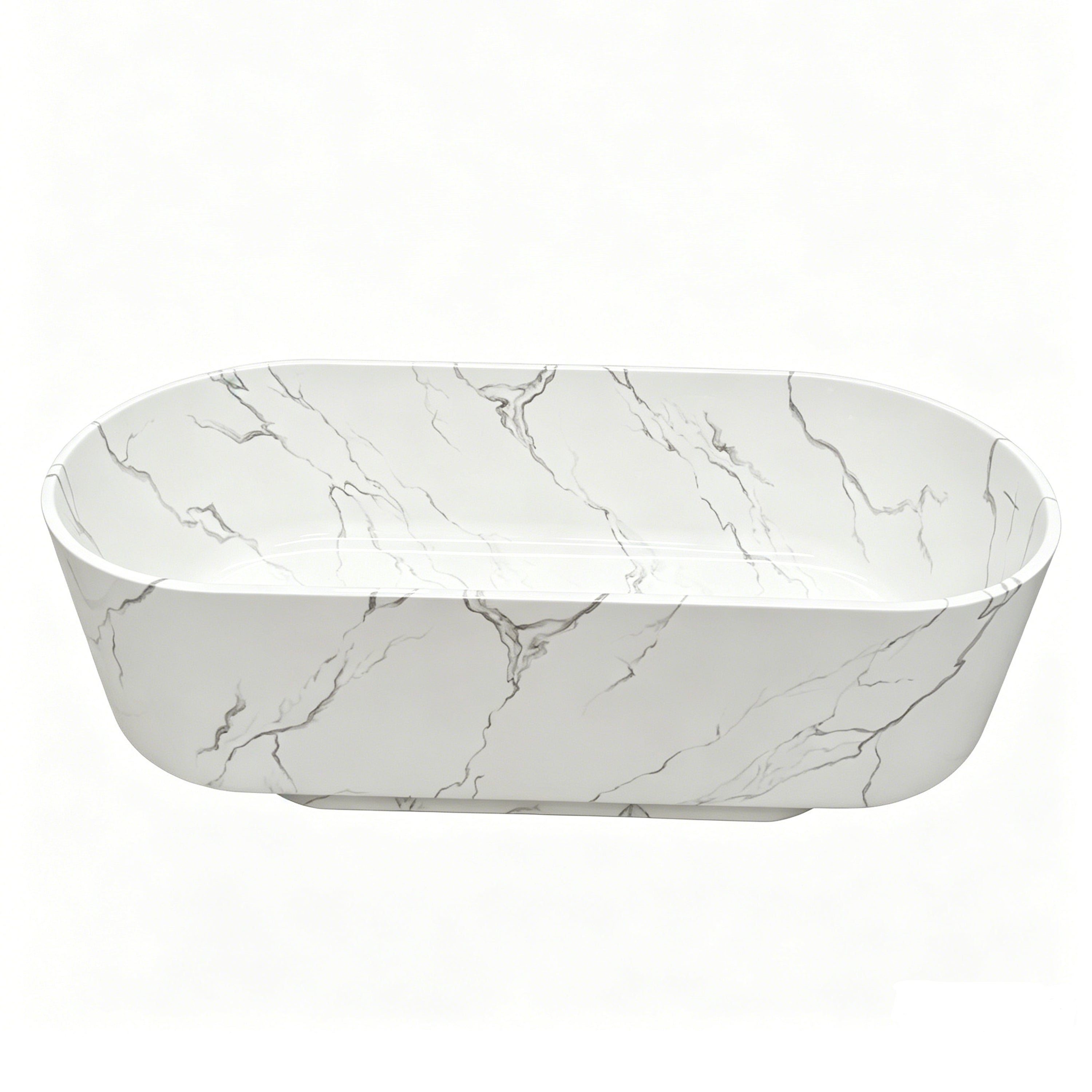 67" Freestanding Solid Surface Deep Soaking Bathtub in Glossy Carrara White with Grey Veining