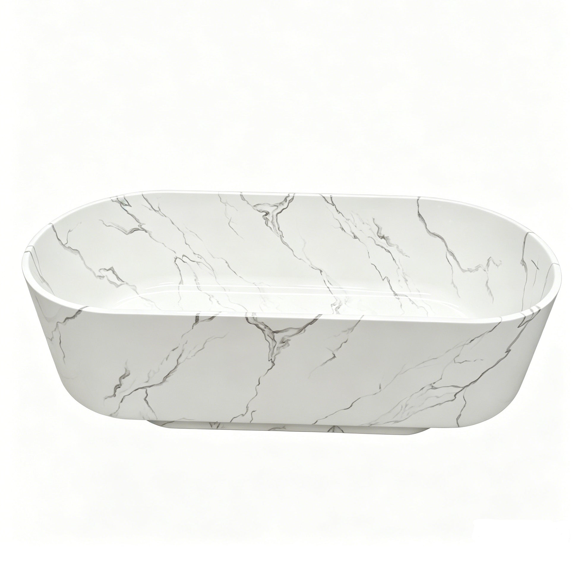 67" Freestanding Solid Surface Deep Soaking Bathtub in Glossy Carrara White with Grey Veining
