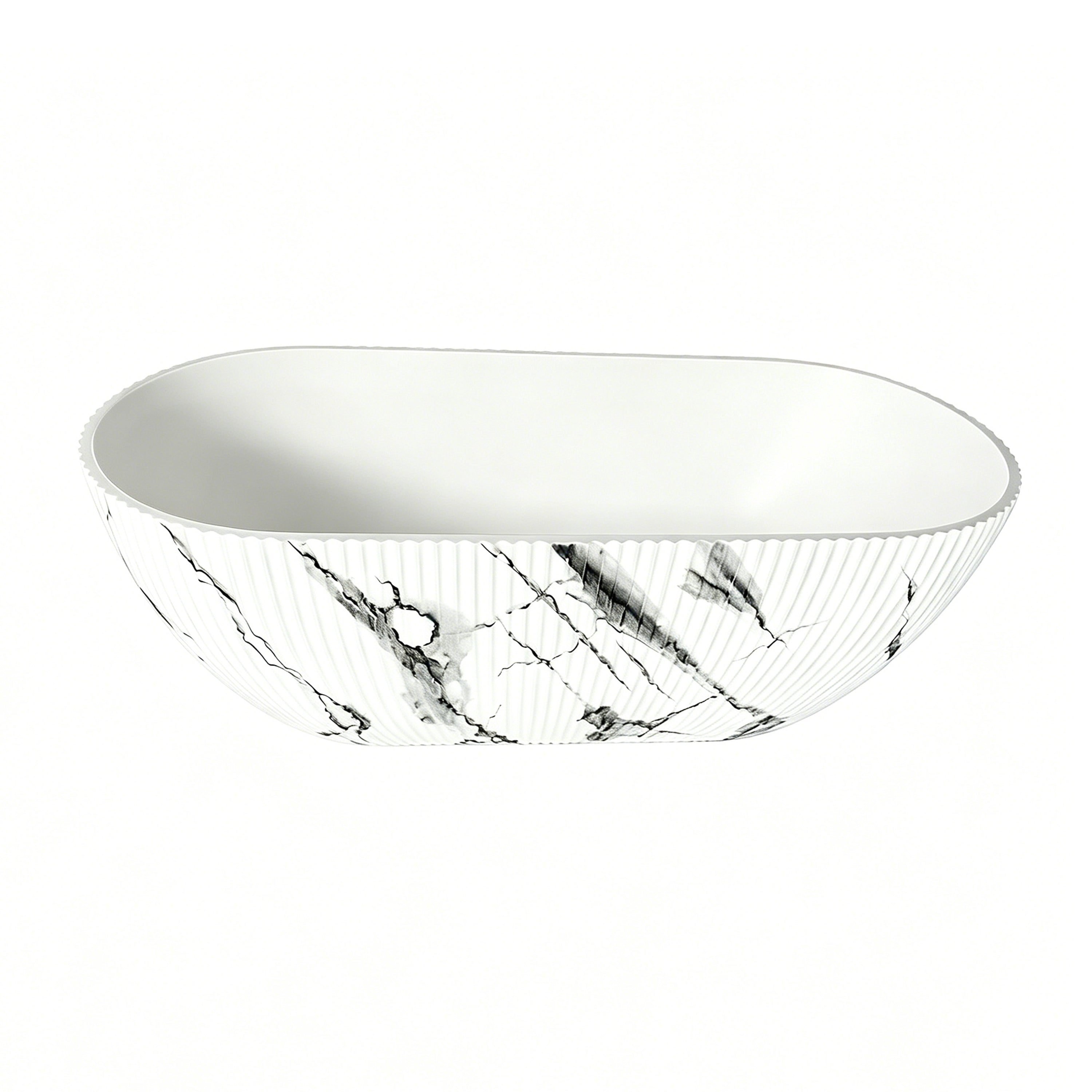 67" Freestanding Solid Surface Deep Soaking Bathtub with Ink - Gray Marble Veining in Matte White
