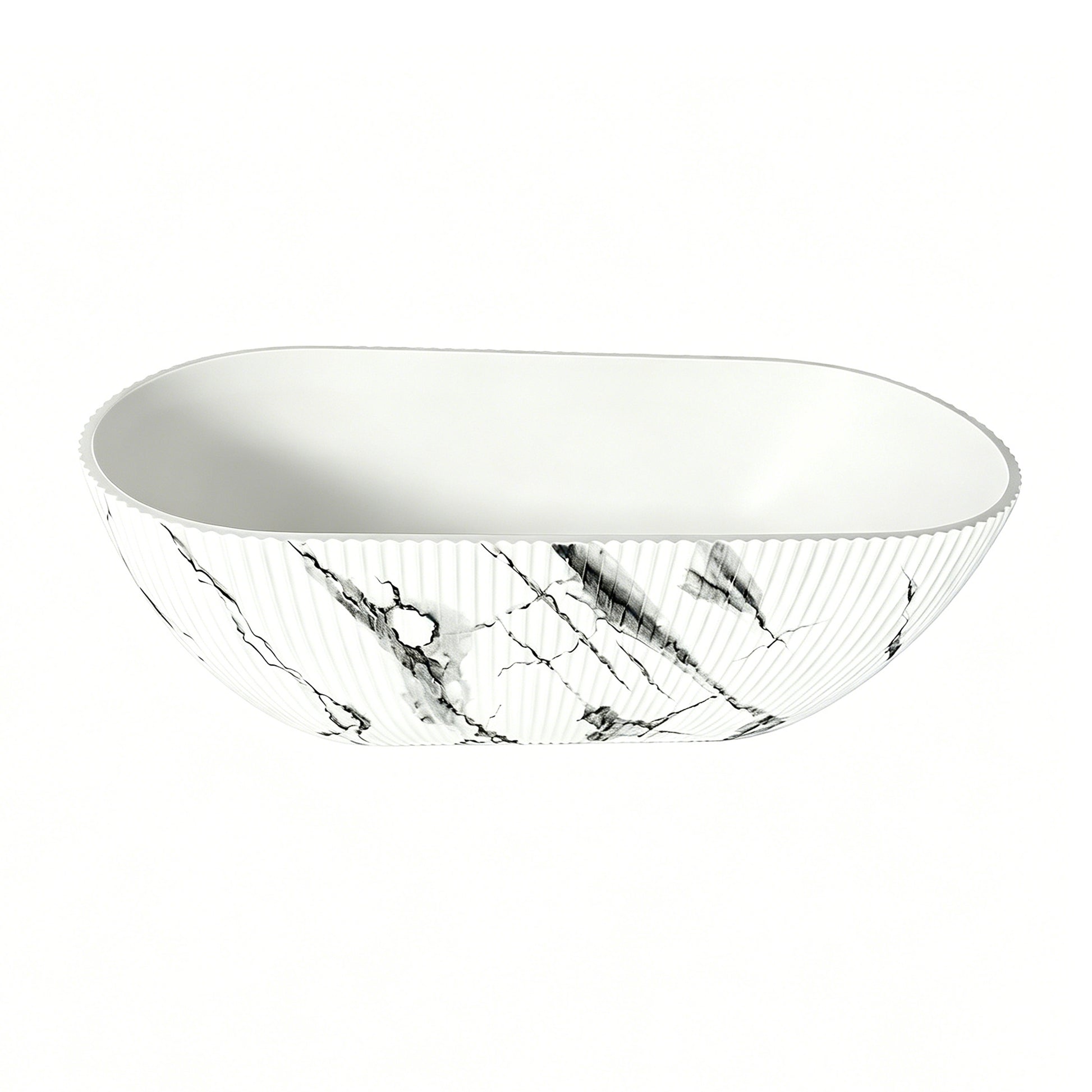 67" Freestanding Solid Surface Deep Soaking Bathtub with Ink - Gray Marble Veining in Matte White