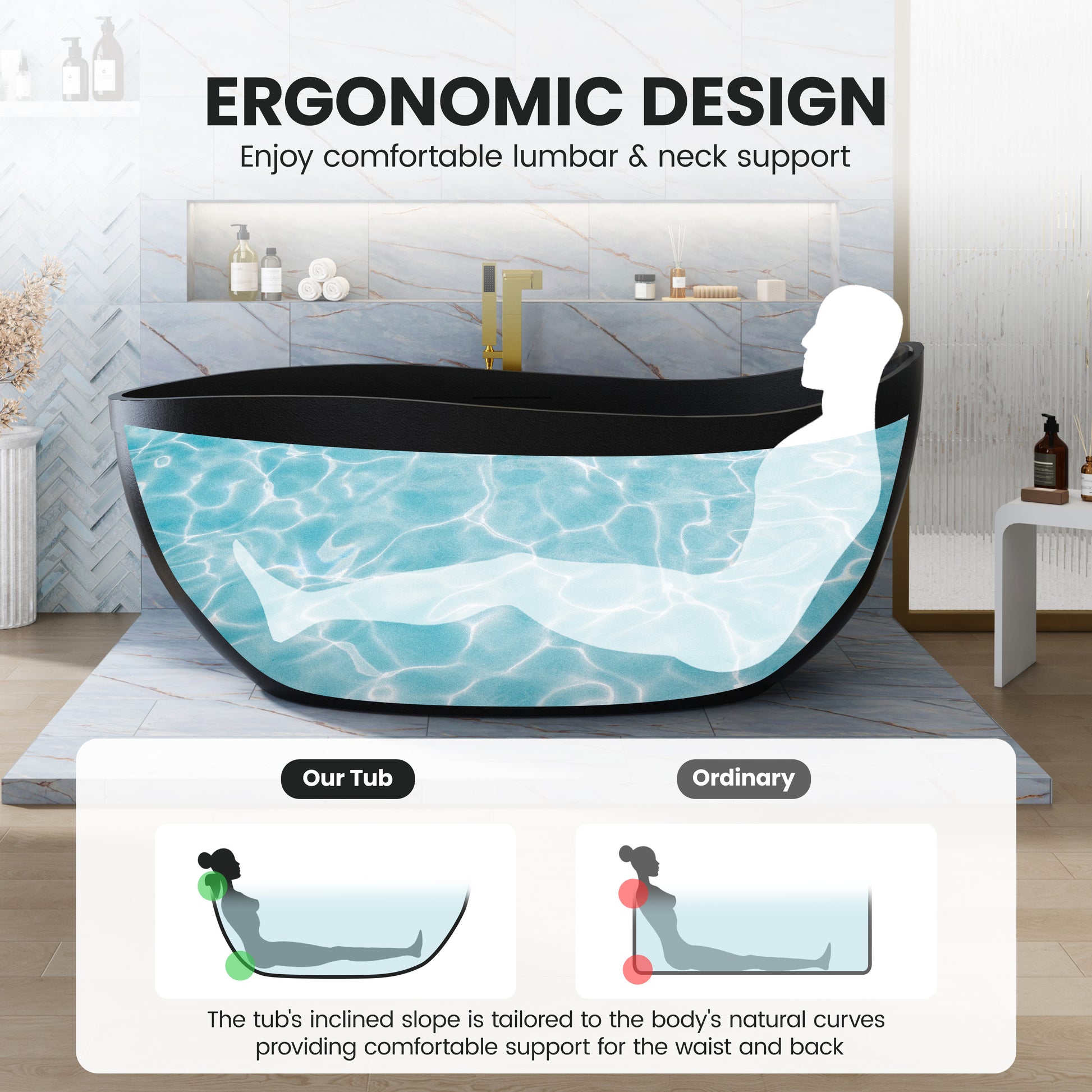 67" Gel Coat Freestanding Soaking Bathtub with Drain & Overflow