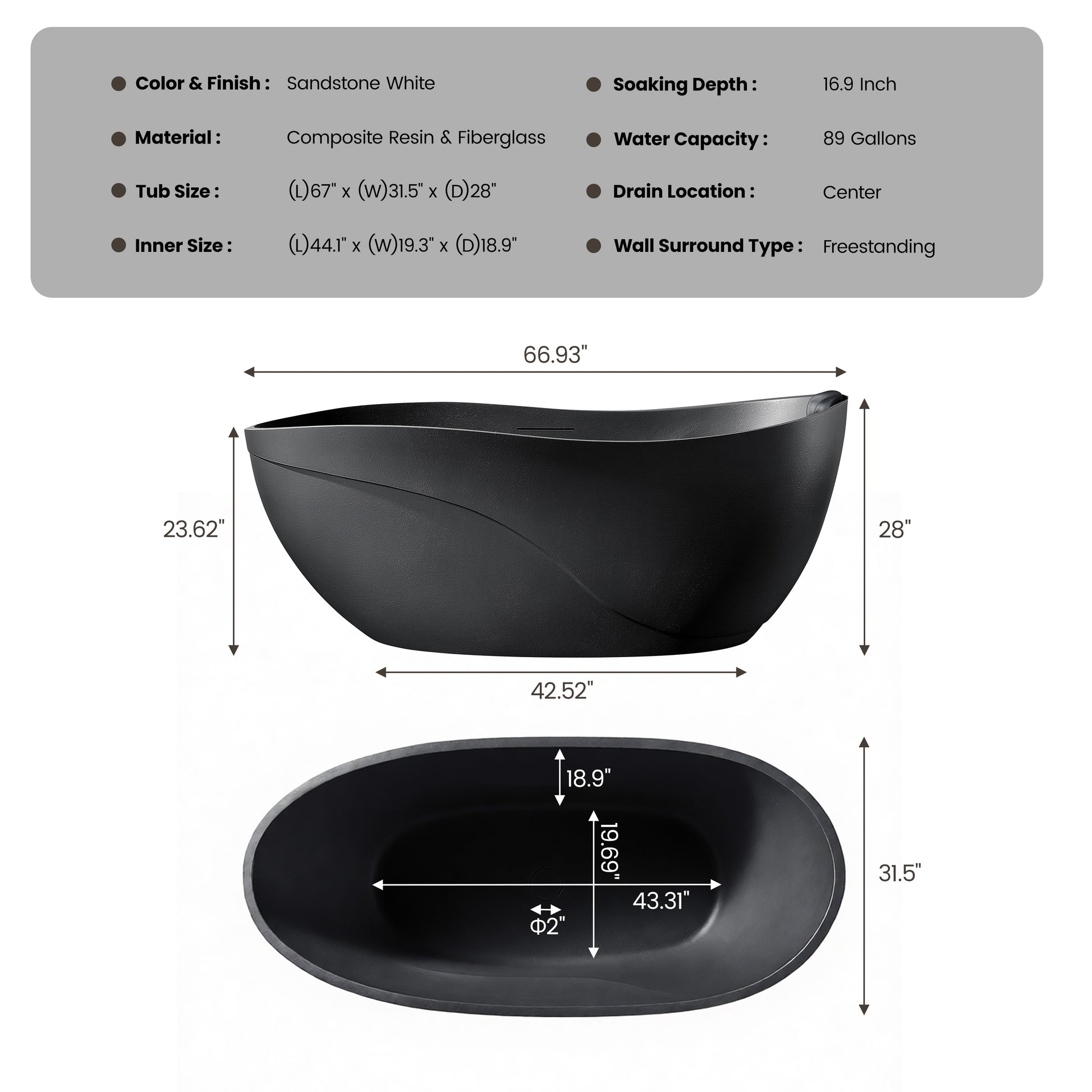 67" Gel Coat Freestanding Soaking Bathtub with Drain & Overflow