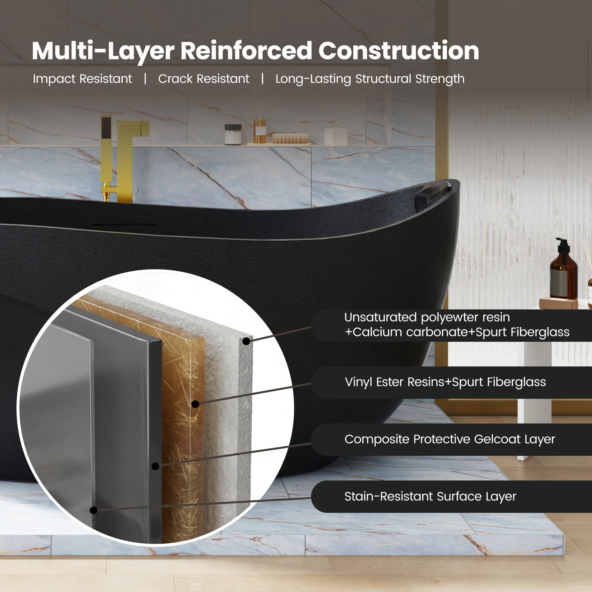 67" Gel Coat Freestanding Soaking Bathtub with Drain & Overflow