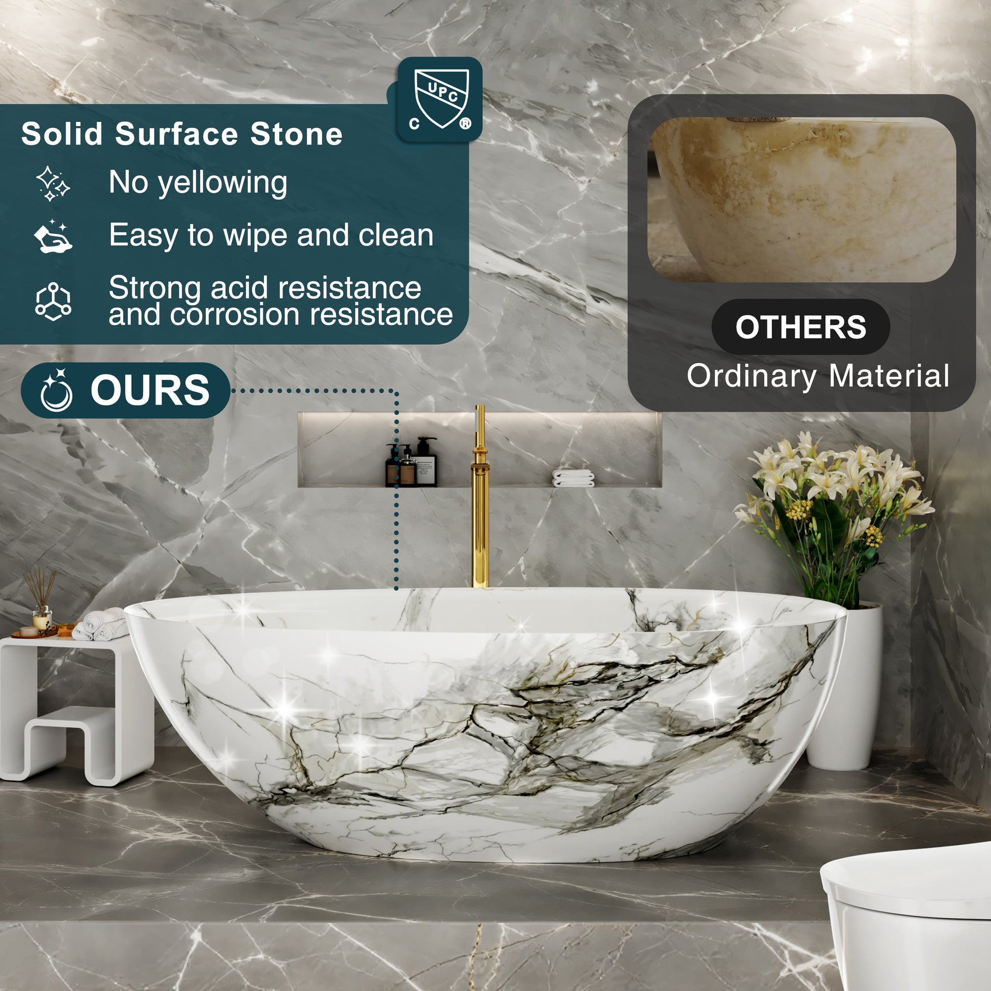 67" Luxury Freestanding Egg-Shaped Solid Surface Soaking Tub with Crescent Deck - Veinflow