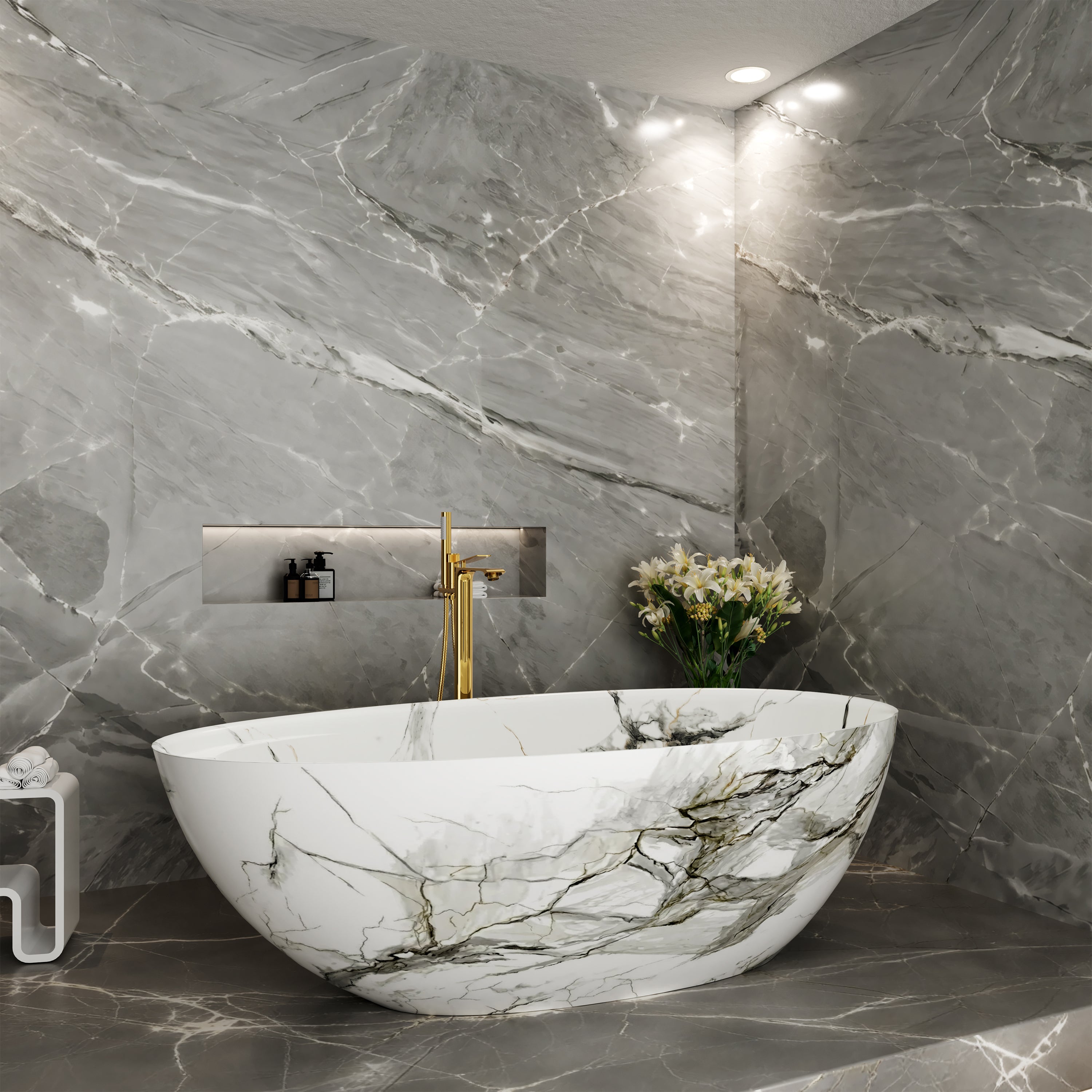 67" Luxury Freestanding Egg-Shaped Solid Surface Soaking Tub with Crescent Deck - Veinflow