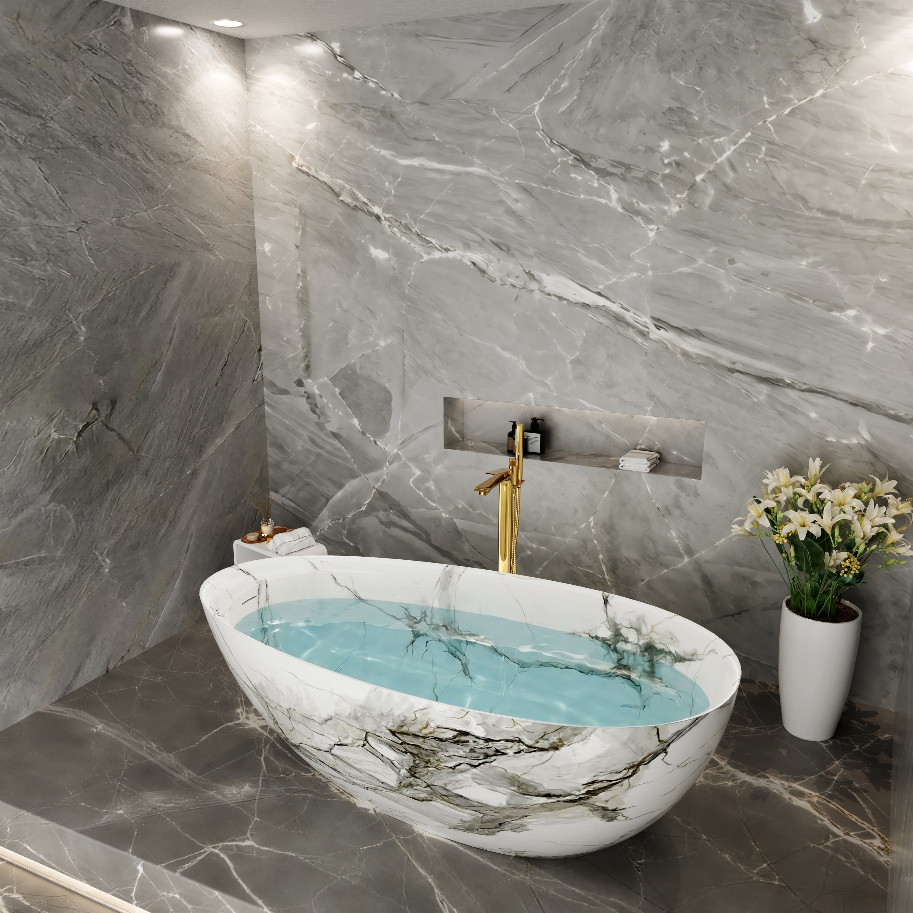 67" Luxury Freestanding Egg-Shaped Solid Surface Soaking Tub with Crescent Deck - Veinflow