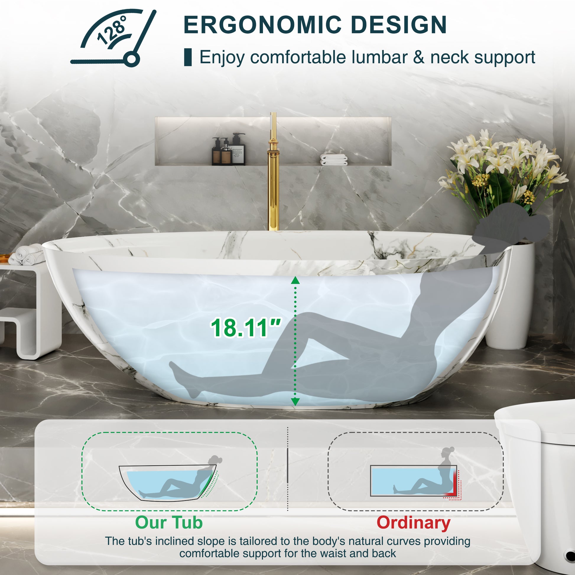 67" Luxury Freestanding Egg-Shaped Solid Surface Soaking Tub with Crescent Deck - Veinflow