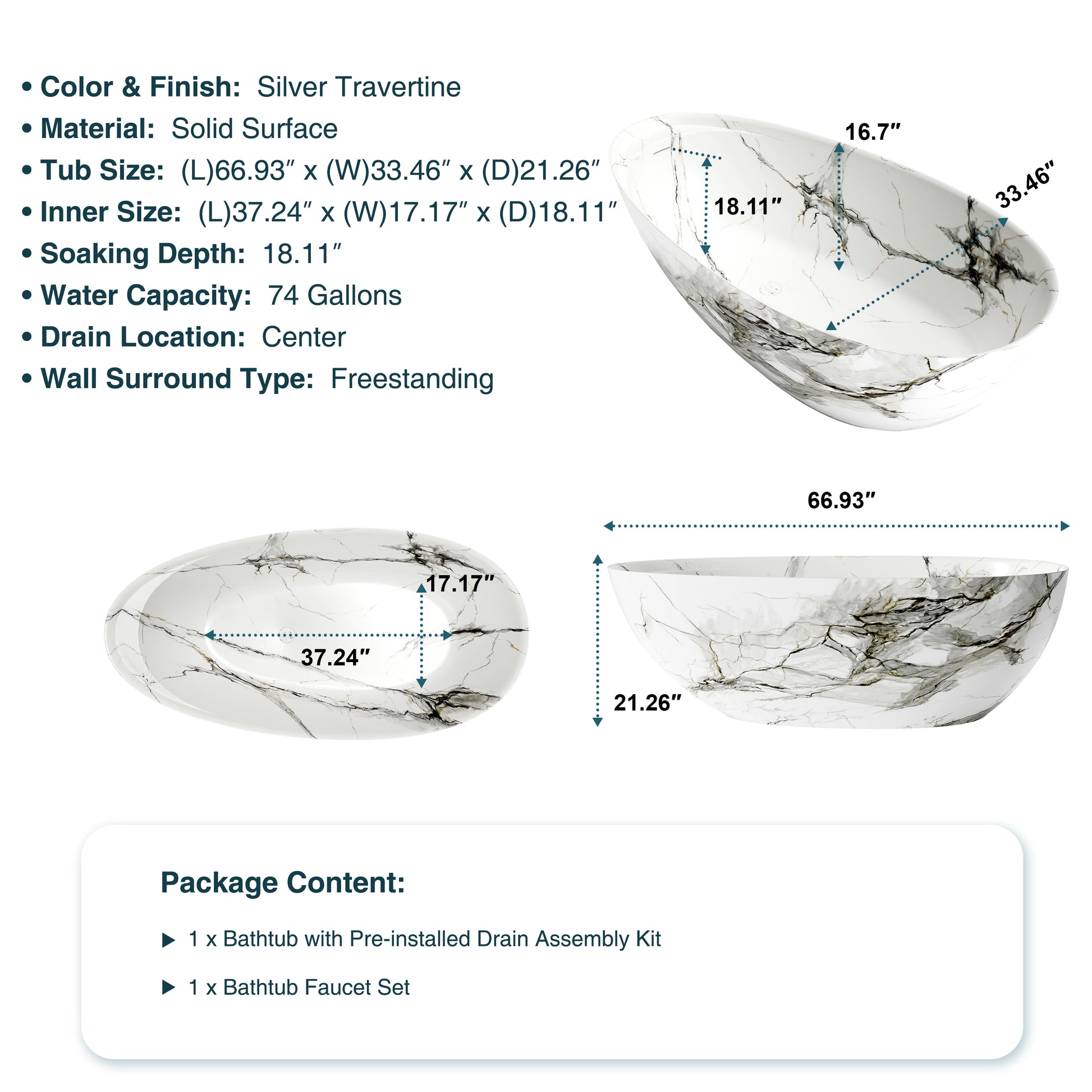 67" Luxury Freestanding Egg-Shaped Solid Surface Soaking Tub with Crescent Deck - Veinflow