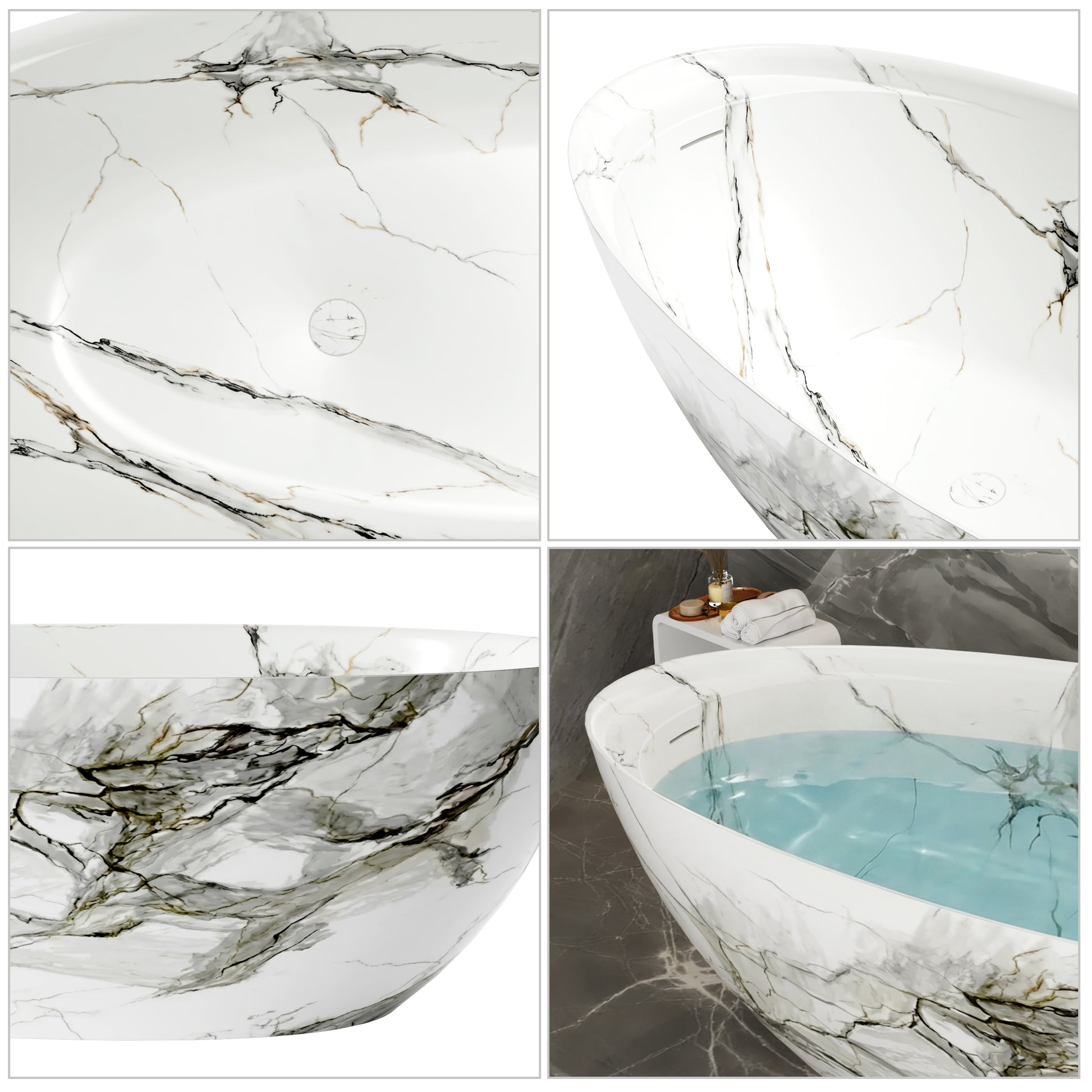 67" Luxury Freestanding Egg-Shaped Solid Surface Soaking Tub with Crescent Deck - Veinflow