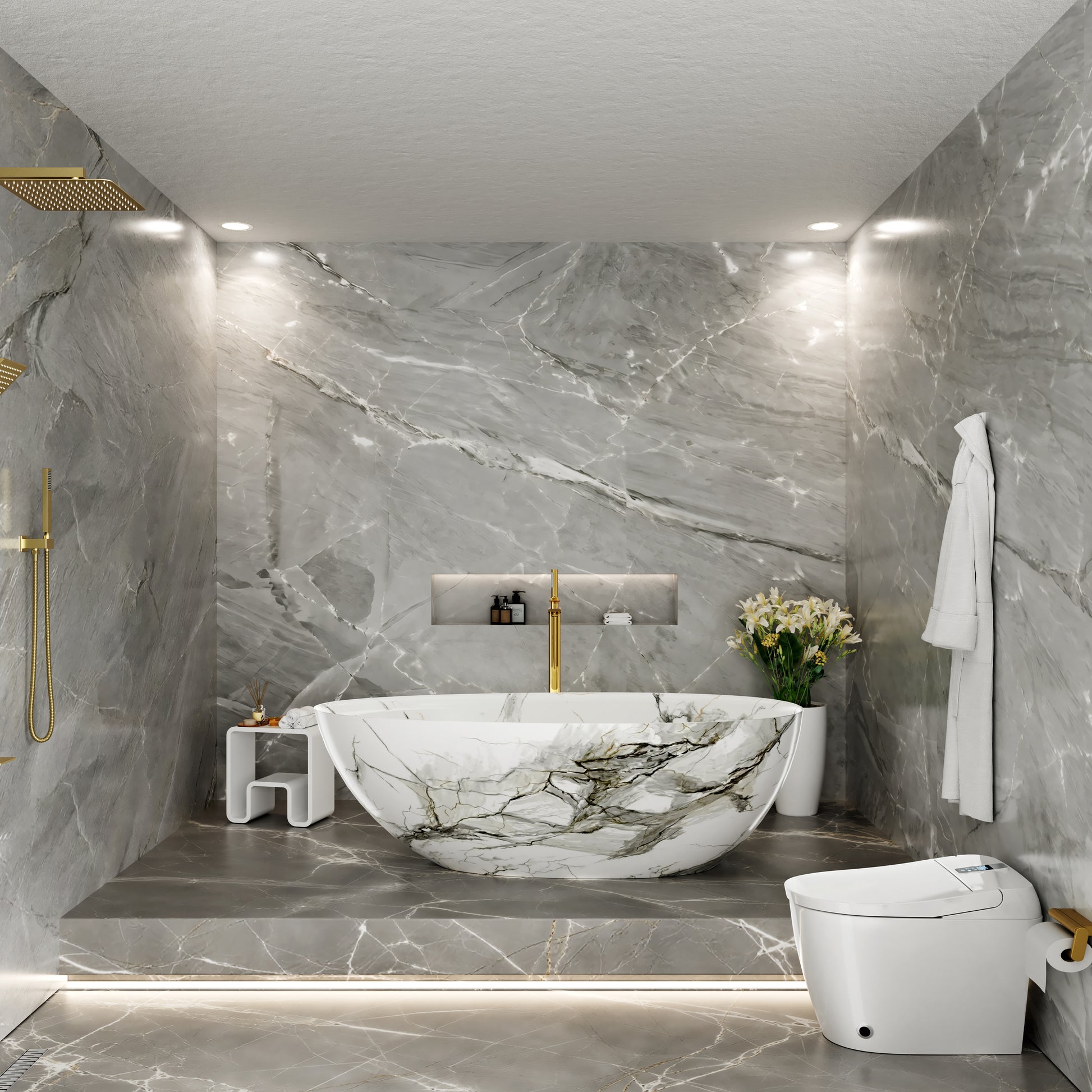 67" Luxury Freestanding Egg-Shaped Solid Surface Soaking Tub with Crescent Deck - Veinflow