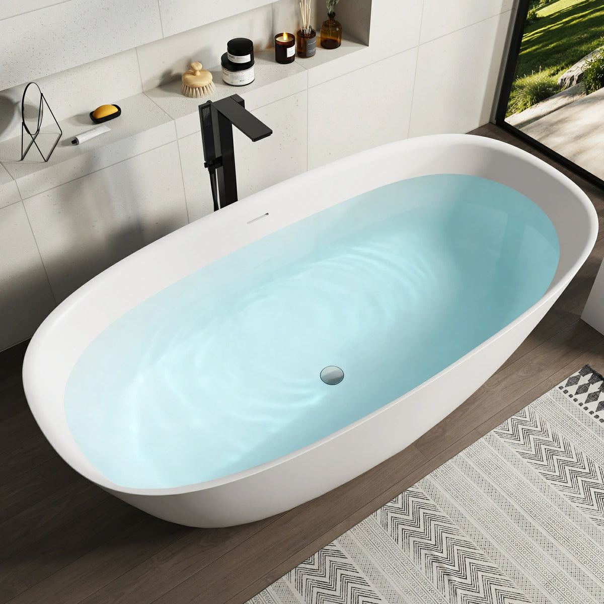 67" Minimalist Stone Resin Freestanding Soaking Tub with Oval Design
