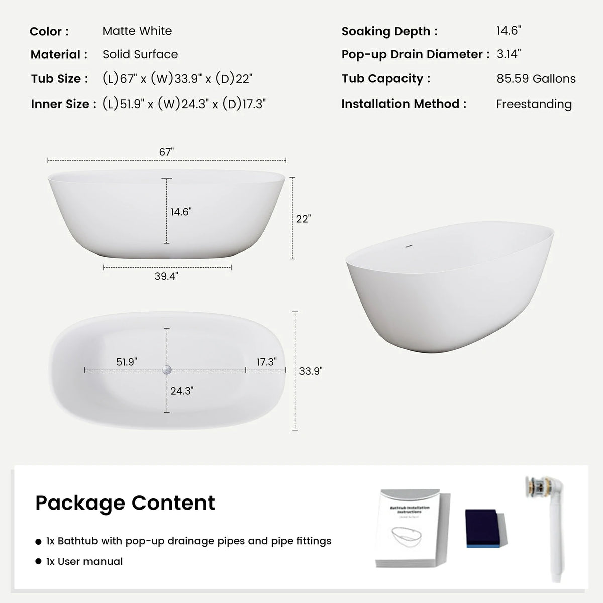 67" Minimalist Stone Resin Freestanding Soaking Tub with Oval Design
