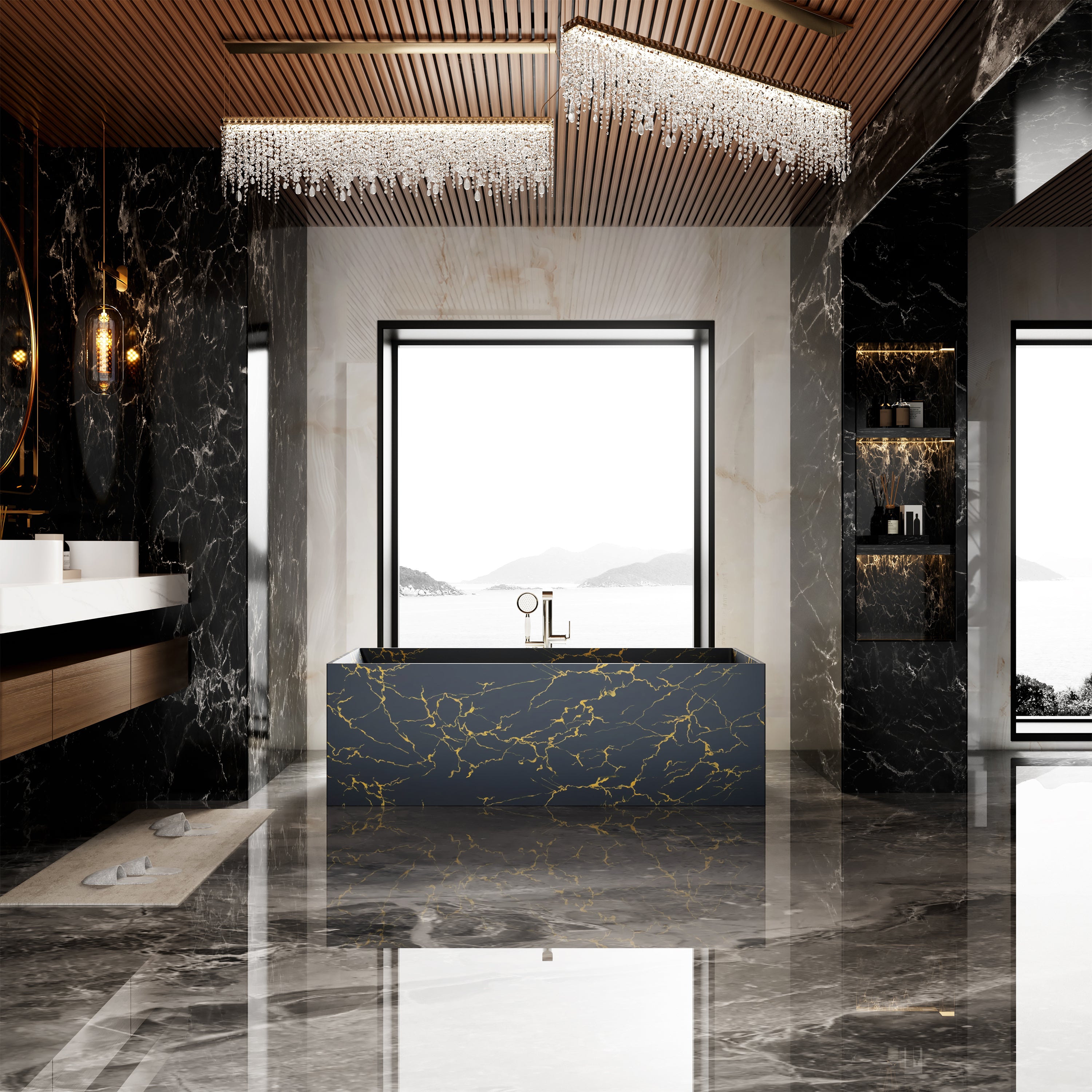 67" Rectangular Solid Surface Freestanding Bathtub with Square Silhouette - Veinflow