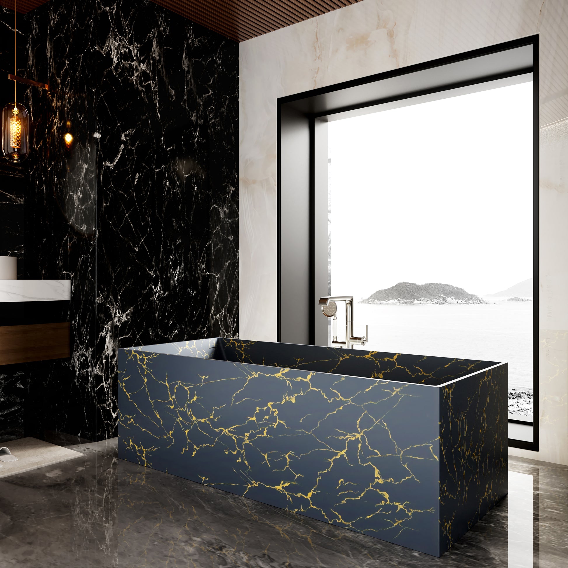 67" Rectangular Solid Surface Freestanding Bathtub with Square Silhouette - Veinflow