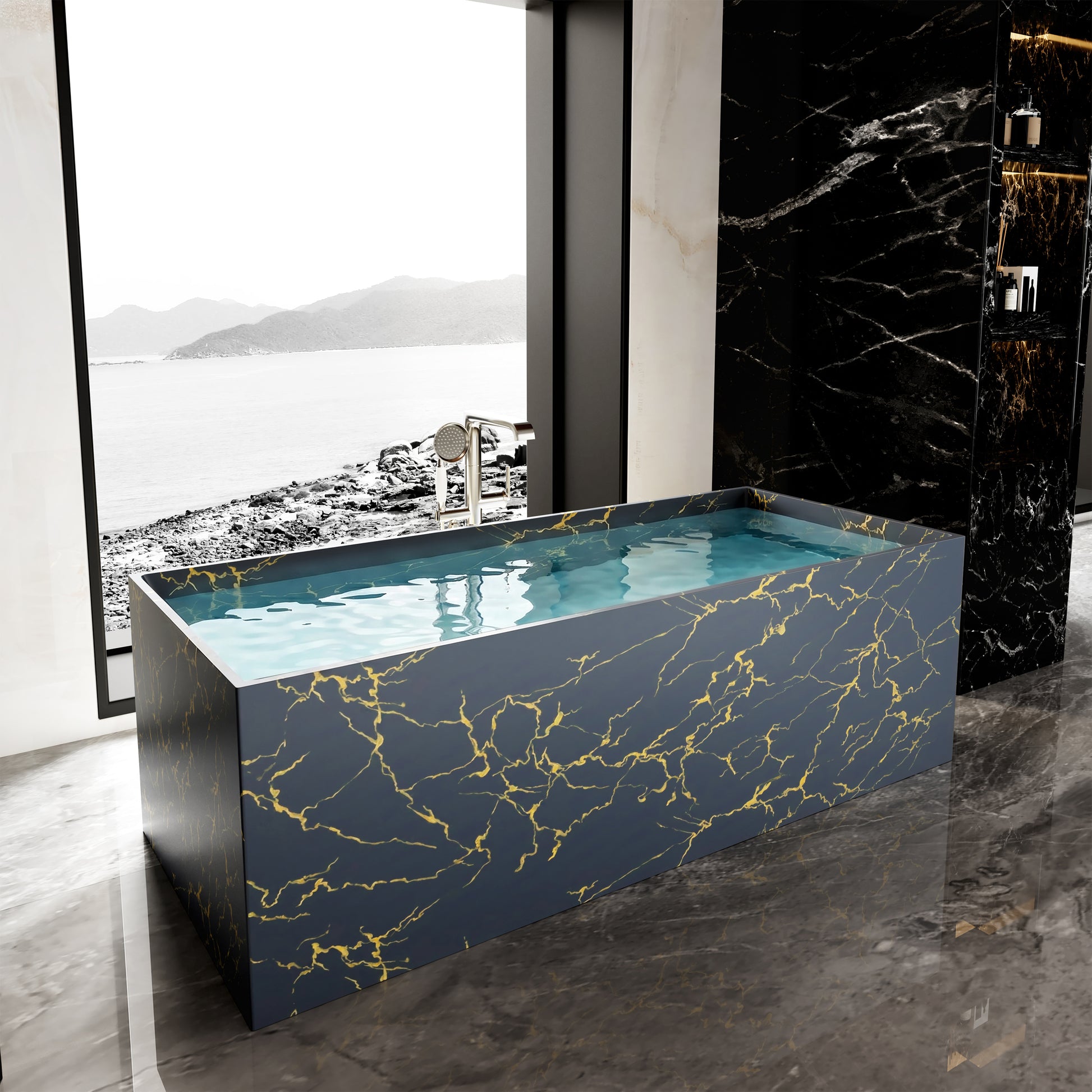 67" Rectangular Solid Surface Freestanding Bathtub with Square Silhouette - Veinflow