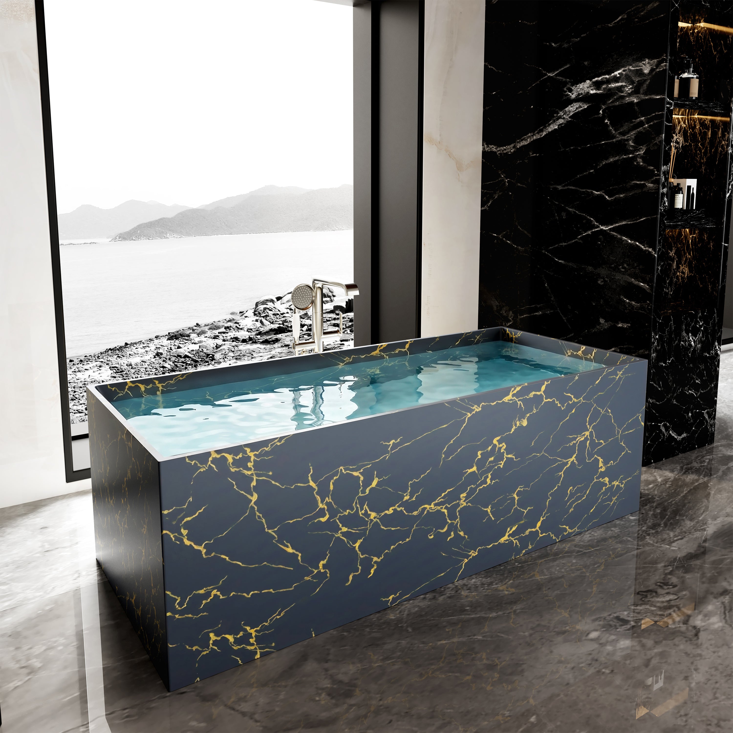 67" Rectangular Solid Surface Freestanding Bathtub with Square Silhouette - Veinflow