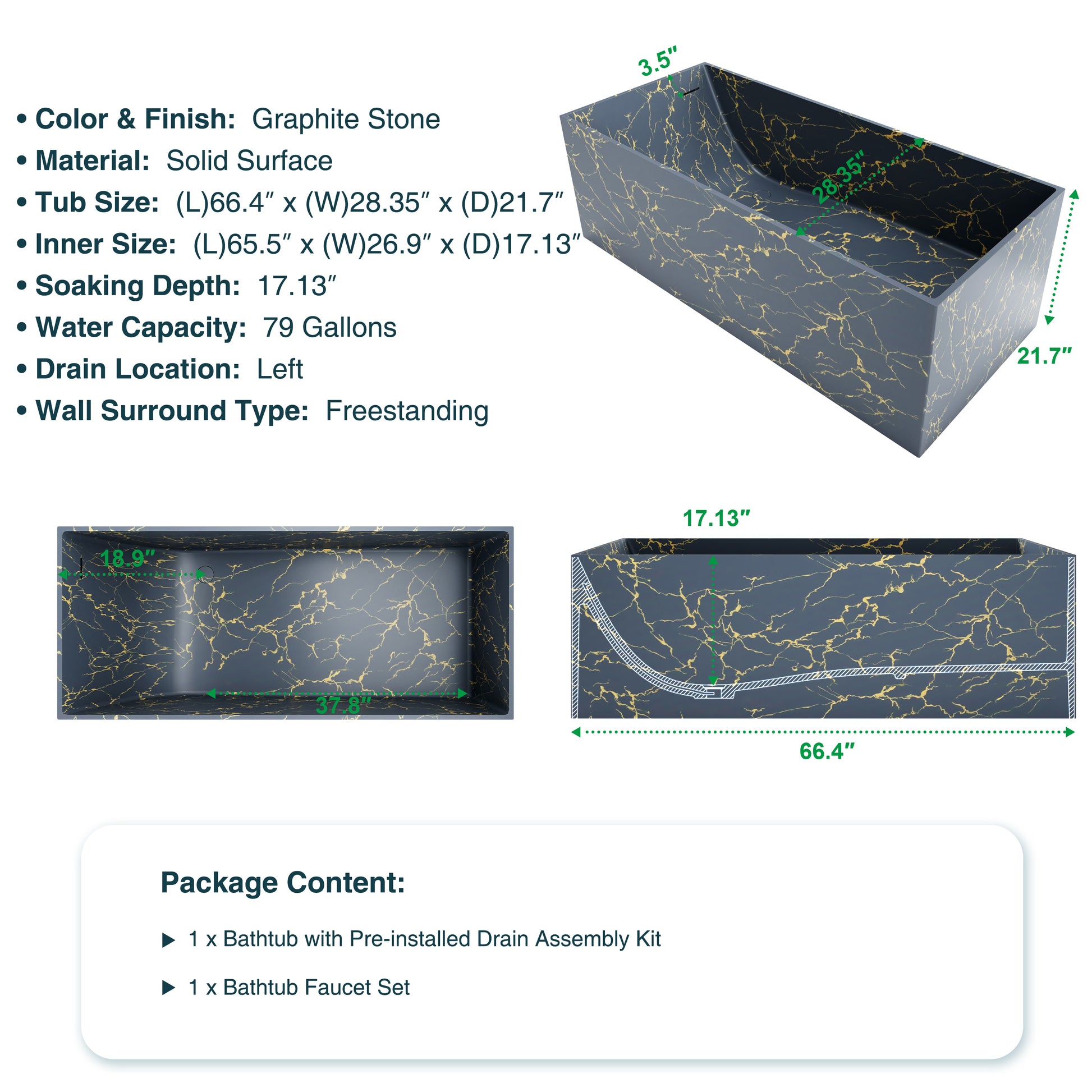 67" Rectangular Solid Surface Freestanding Bathtub with Square Silhouette - Veinflow