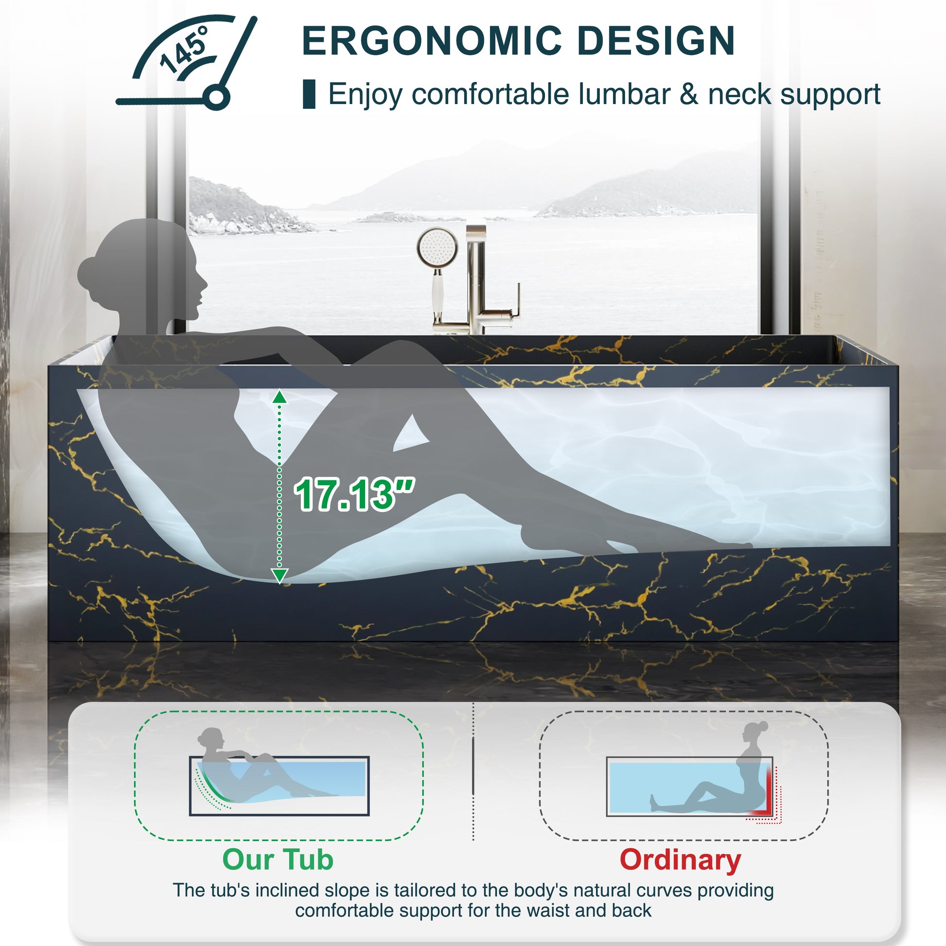 67" Rectangular Solid Surface Freestanding Bathtub with Square Silhouette - Veinflow