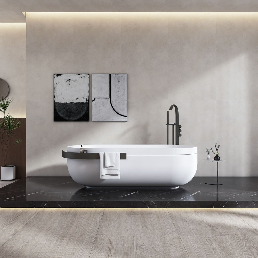 67" Solid Surface Freestanding Bathtub with Storage Shelf