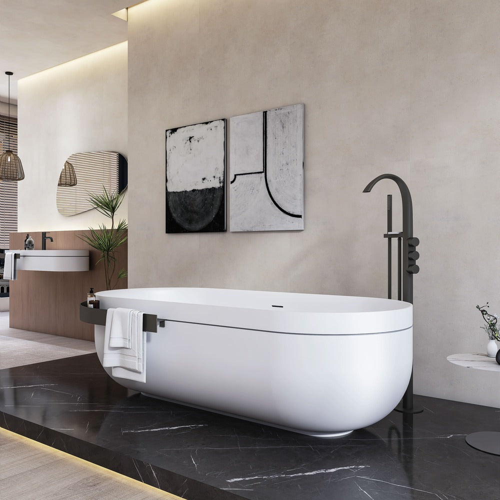 67" Solid Surface Freestanding Bathtub with Storage Shelf