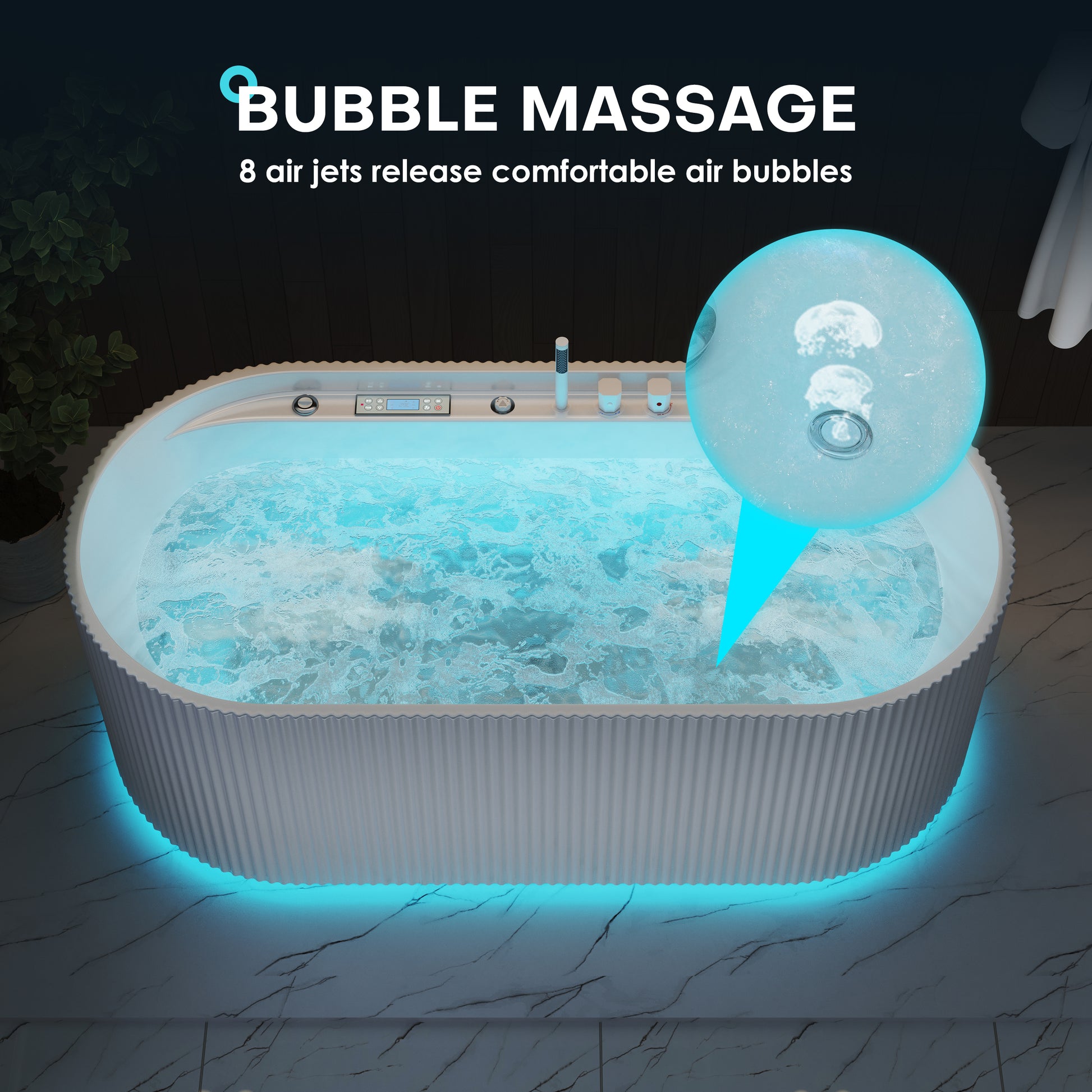 67" Freestanding Acrylic Tub with Dual Whirlpool & Air Massage, LED Skirt Lighting, Bluetooth & Aromatherapy