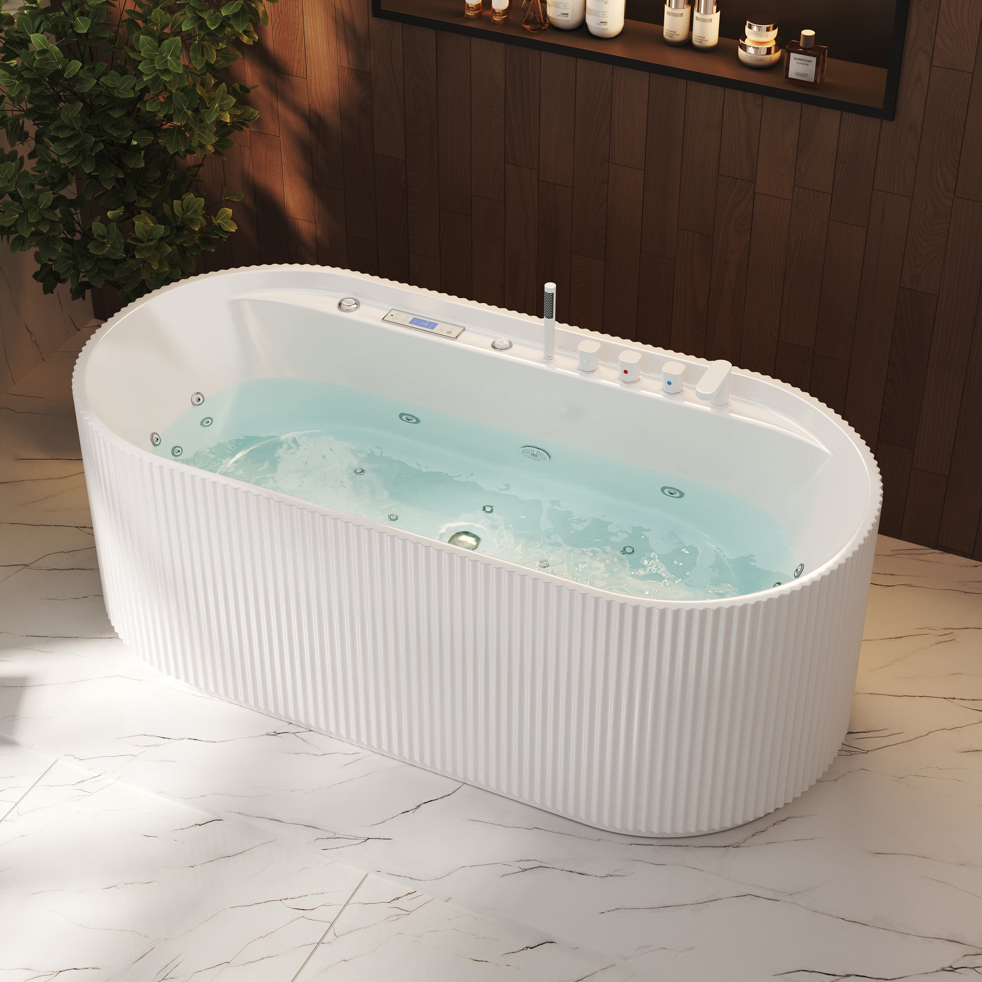 67" Freestanding Acrylic Tub with Dual Whirlpool & Air Massage, LED Skirt Lighting, Bluetooth & Aromatherapy