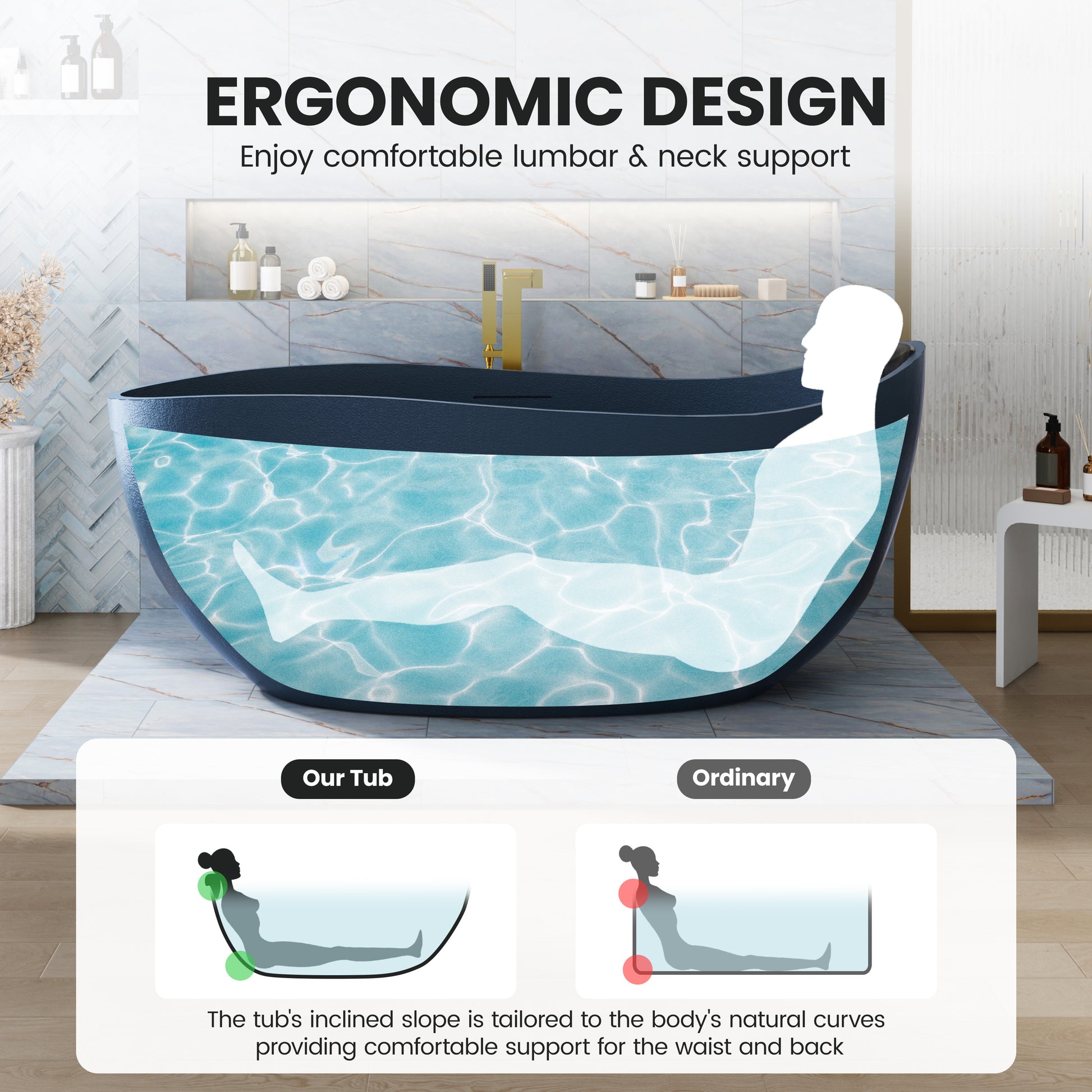 67" Gel Coat Freestanding Soaking Bathtub with Drain & Overflow