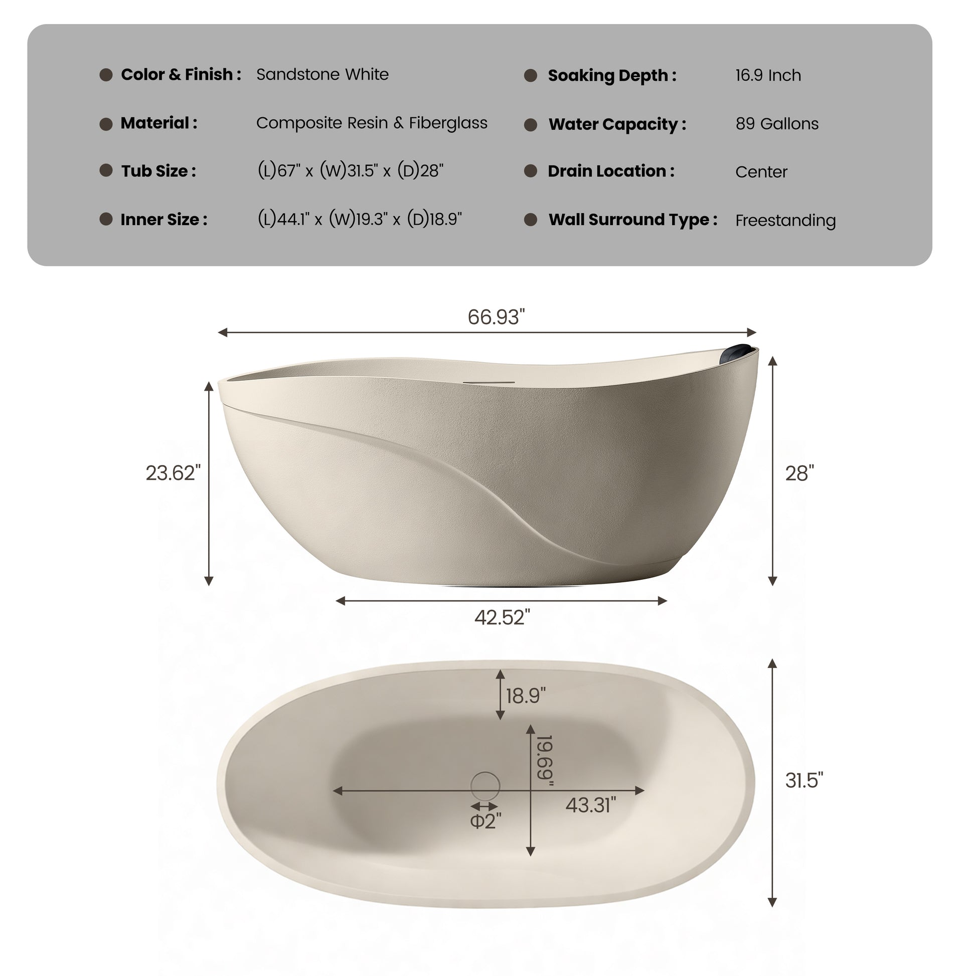 67" Gel Coat Freestanding Soaking Bathtub with Drain & Overflow