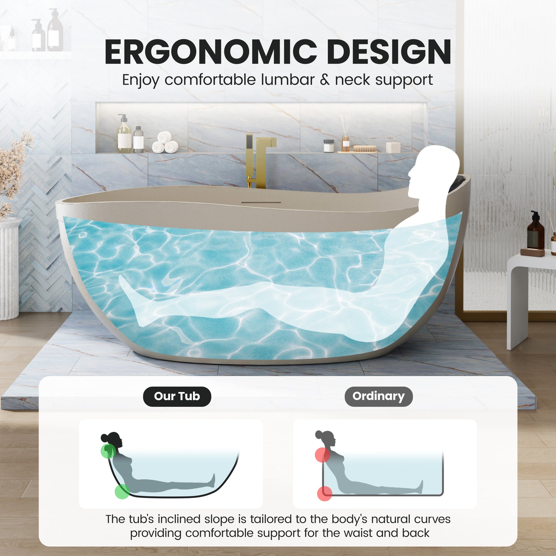 67" Gel Coat Freestanding Soaking Bathtub with Drain & Overflow