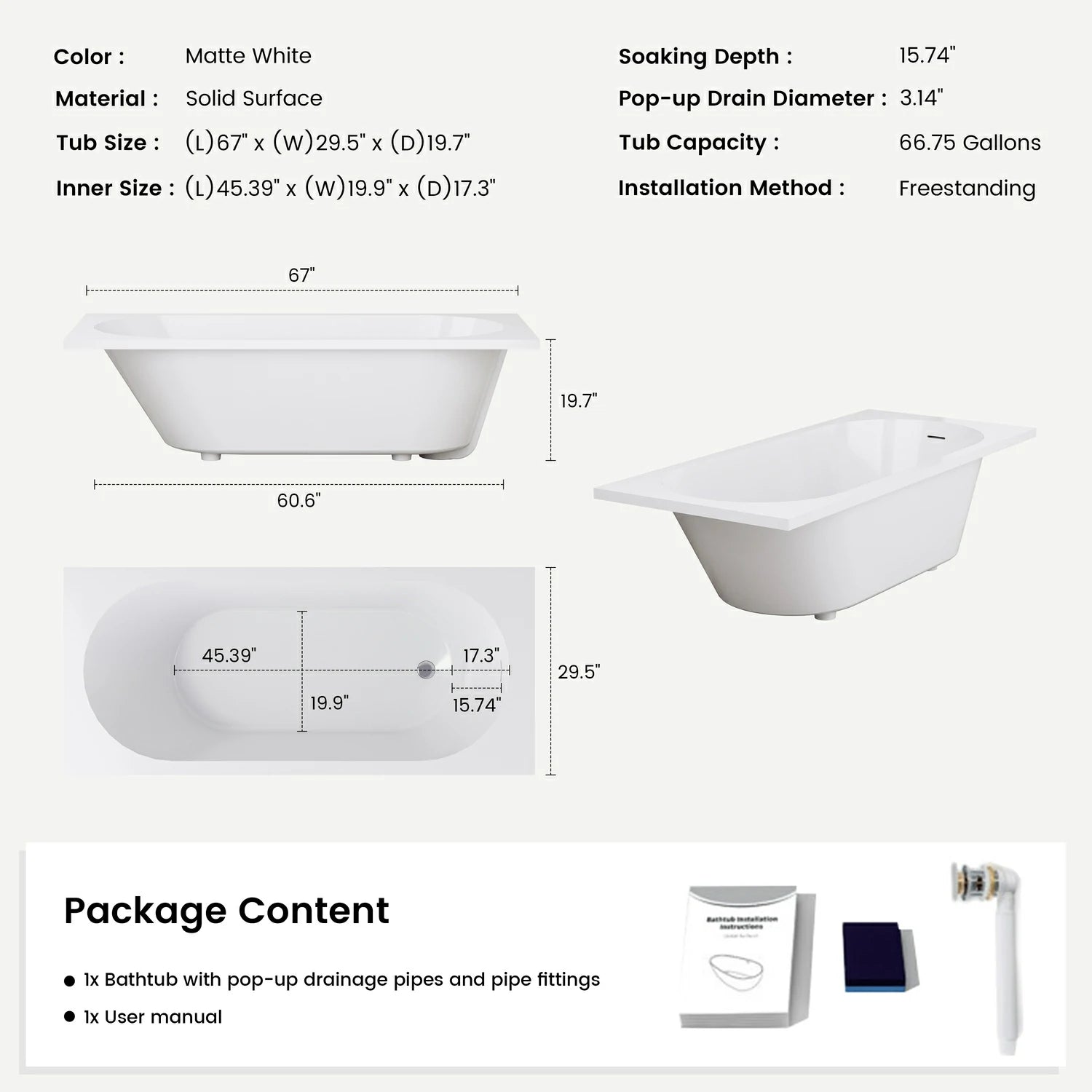 67" Solid Surface Drop-In Soaking Bathtub with Matte White