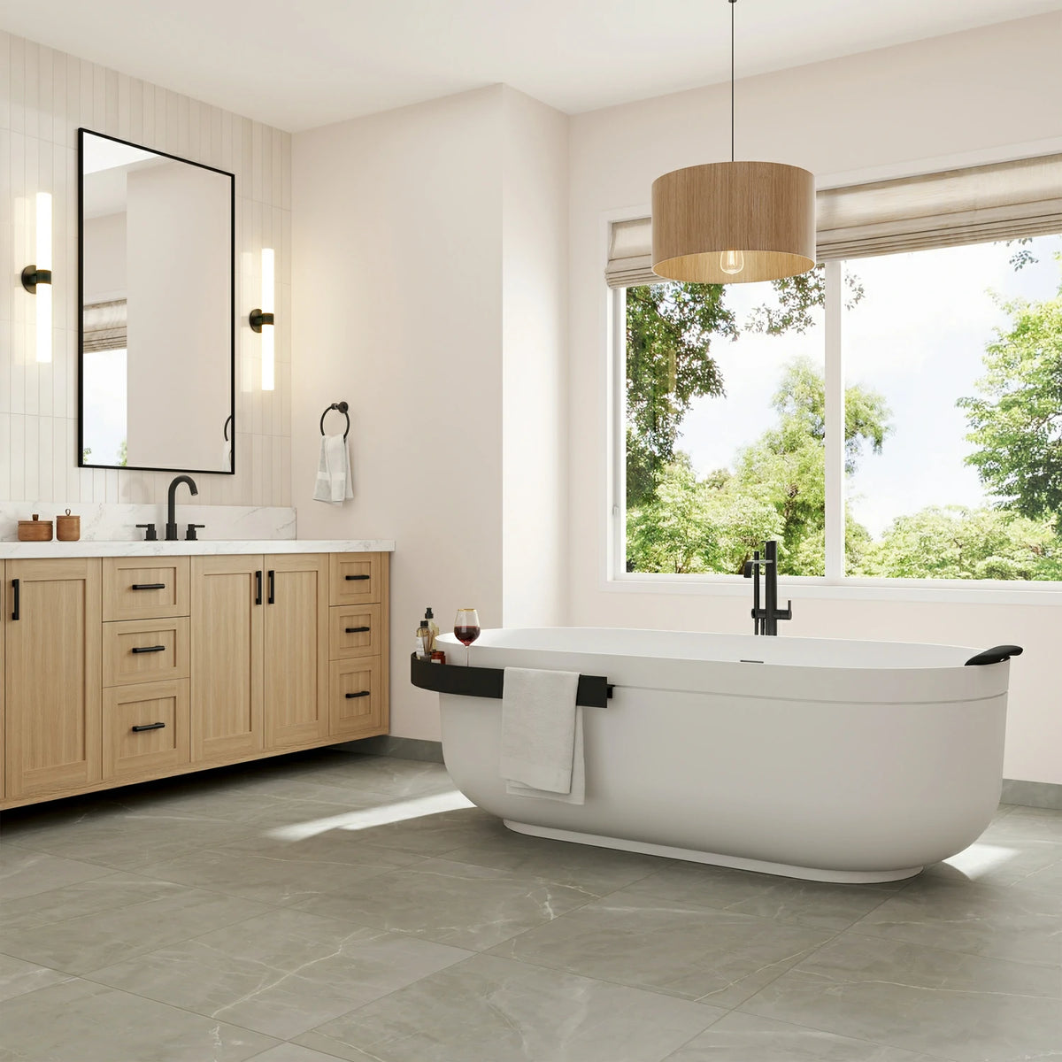 67" Solid Surface Freestanding Bathtub with Storage Shelf