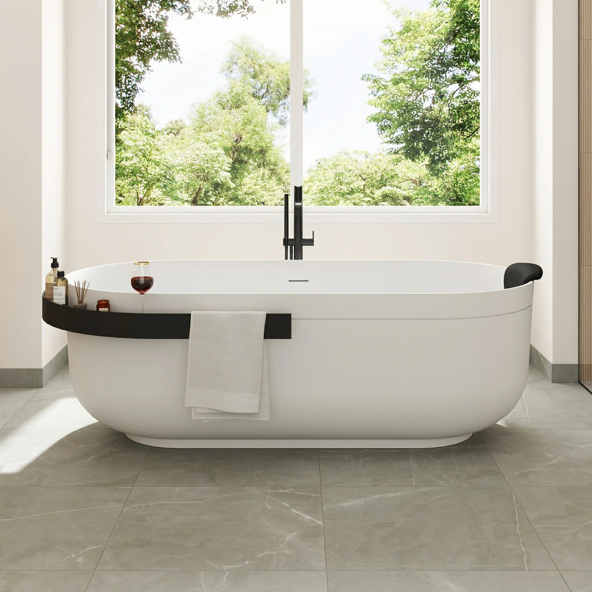 67" Solid Surface Freestanding Bathtub with Storage Shelf