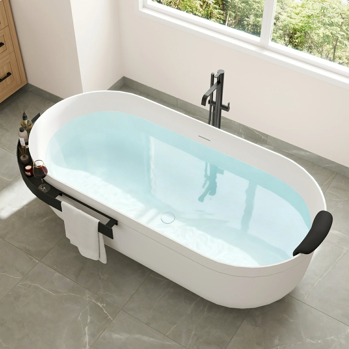 67" Solid Surface Freestanding Bathtub with Storage Shelf