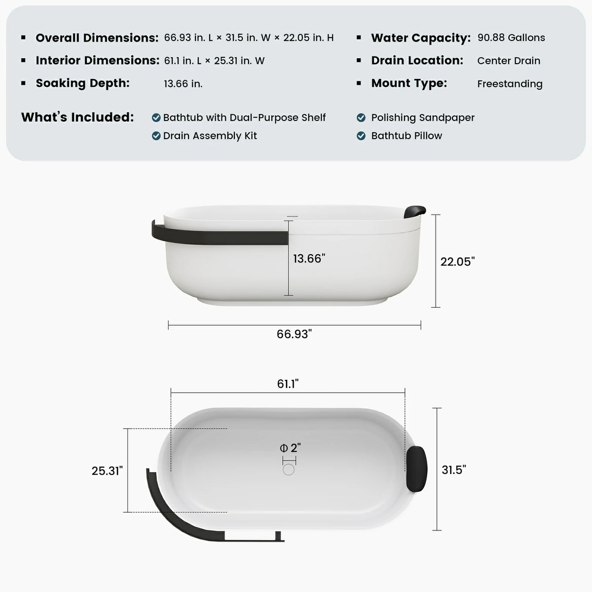 67" Solid Surface Freestanding Bathtub with Storage Shelf