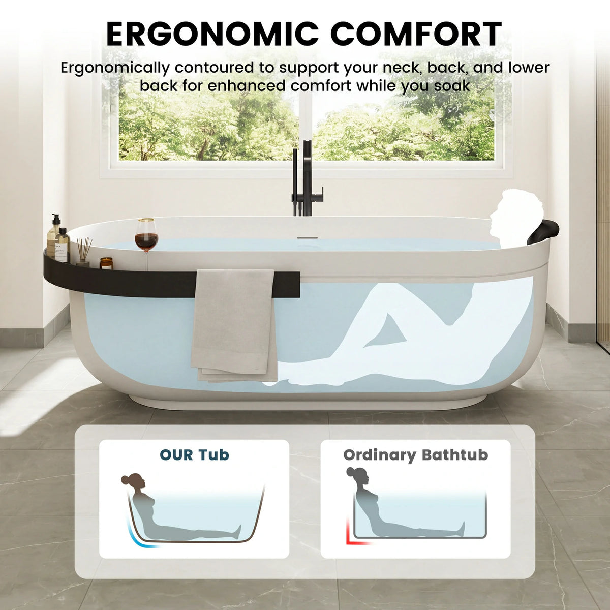 67" Solid Surface Freestanding Bathtub with Storage Shelf