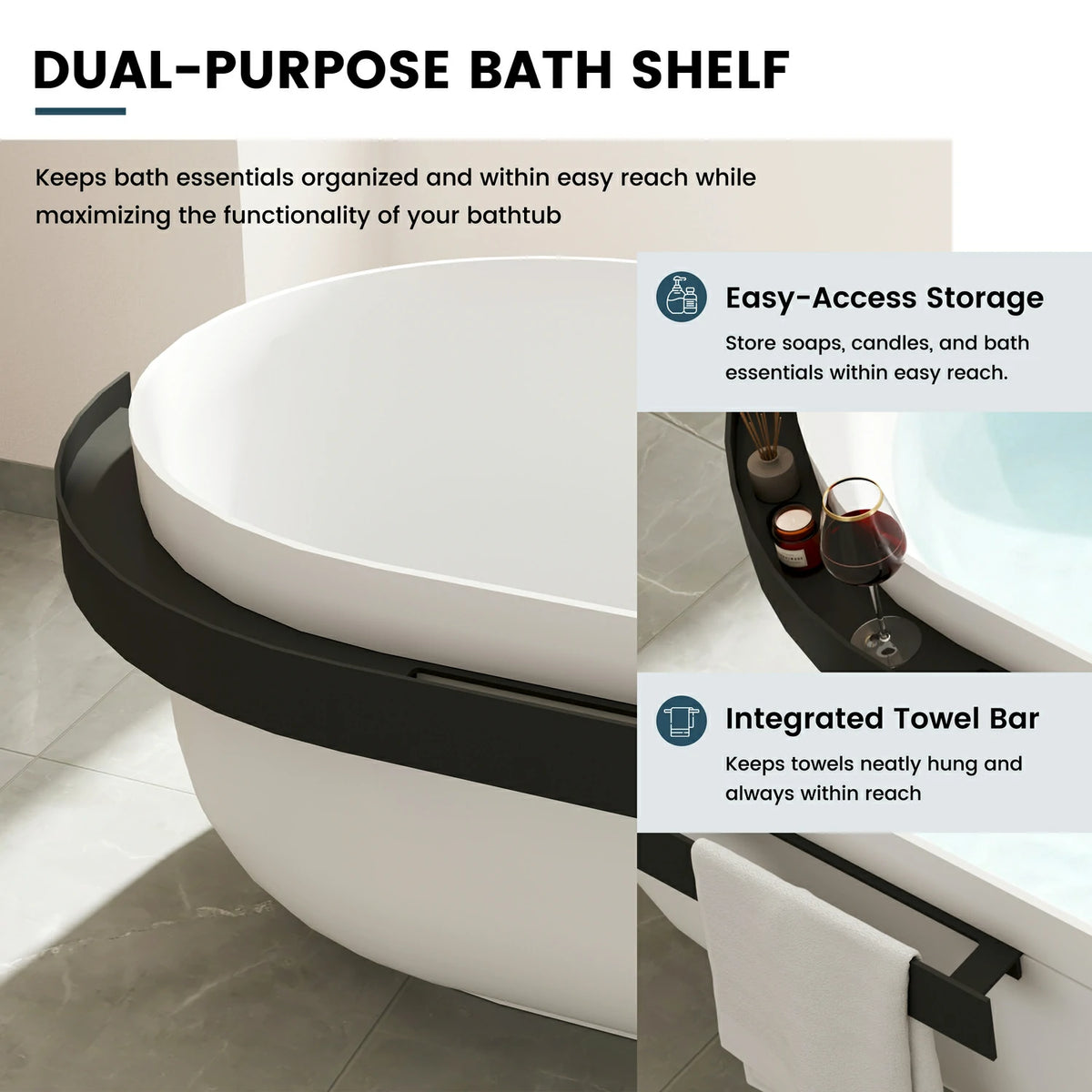67" Solid Surface Freestanding Bathtub with Storage Shelf