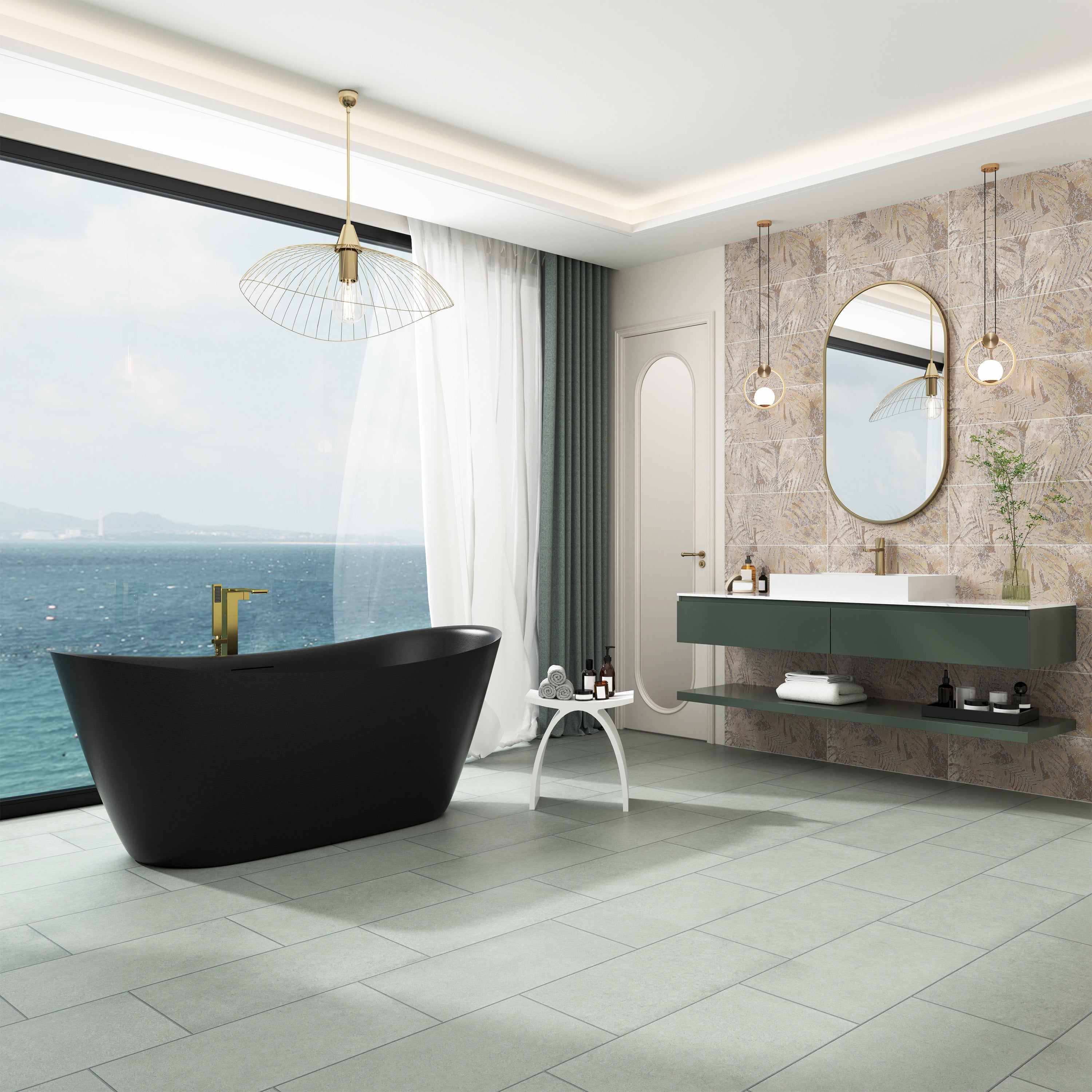 67 inch Geometric Gel Coat Freestanding Soaking Bathtub with Drain & Overflow