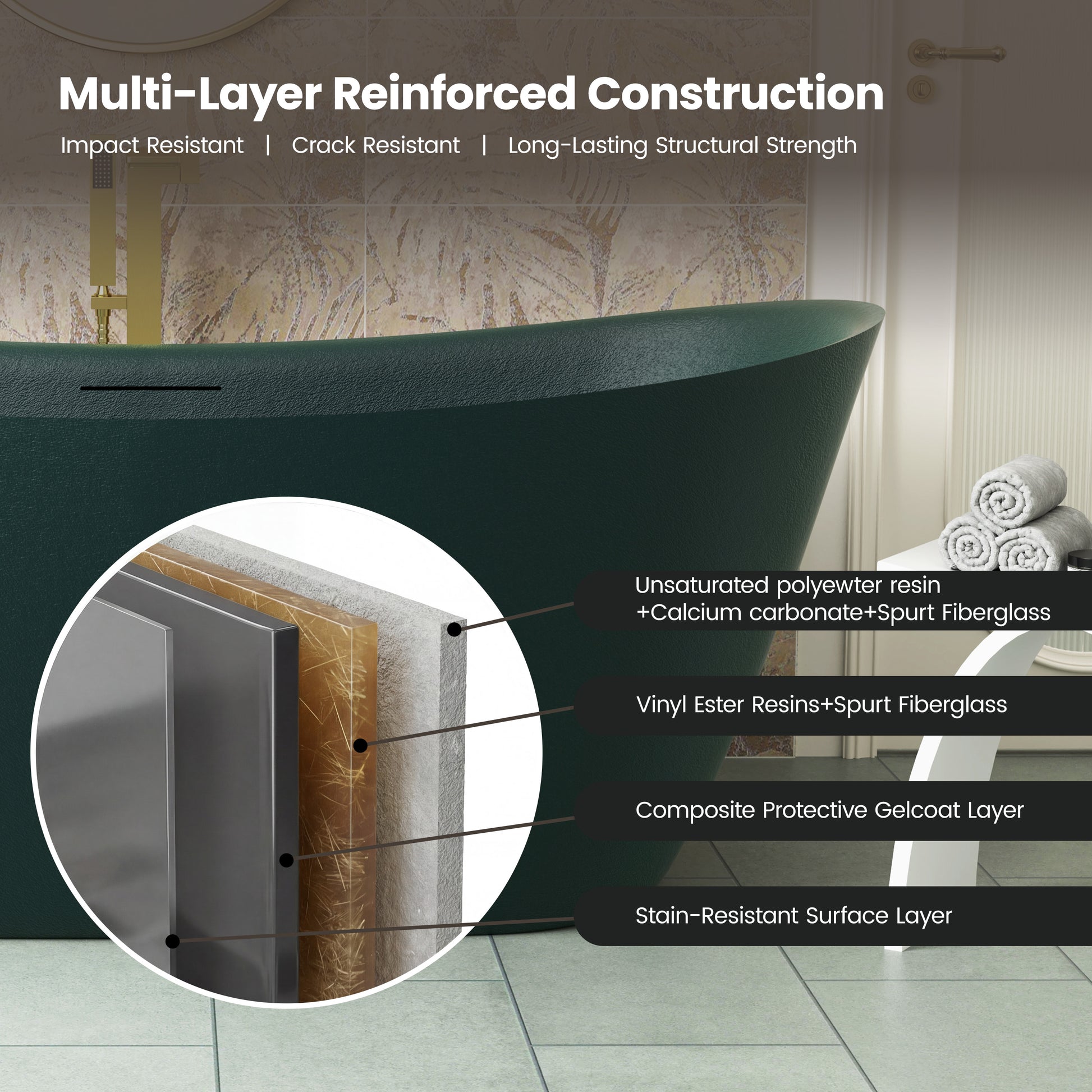 67 inch Geometric Gel Coat Freestanding Soaking Bathtub with Drain & Overflow
