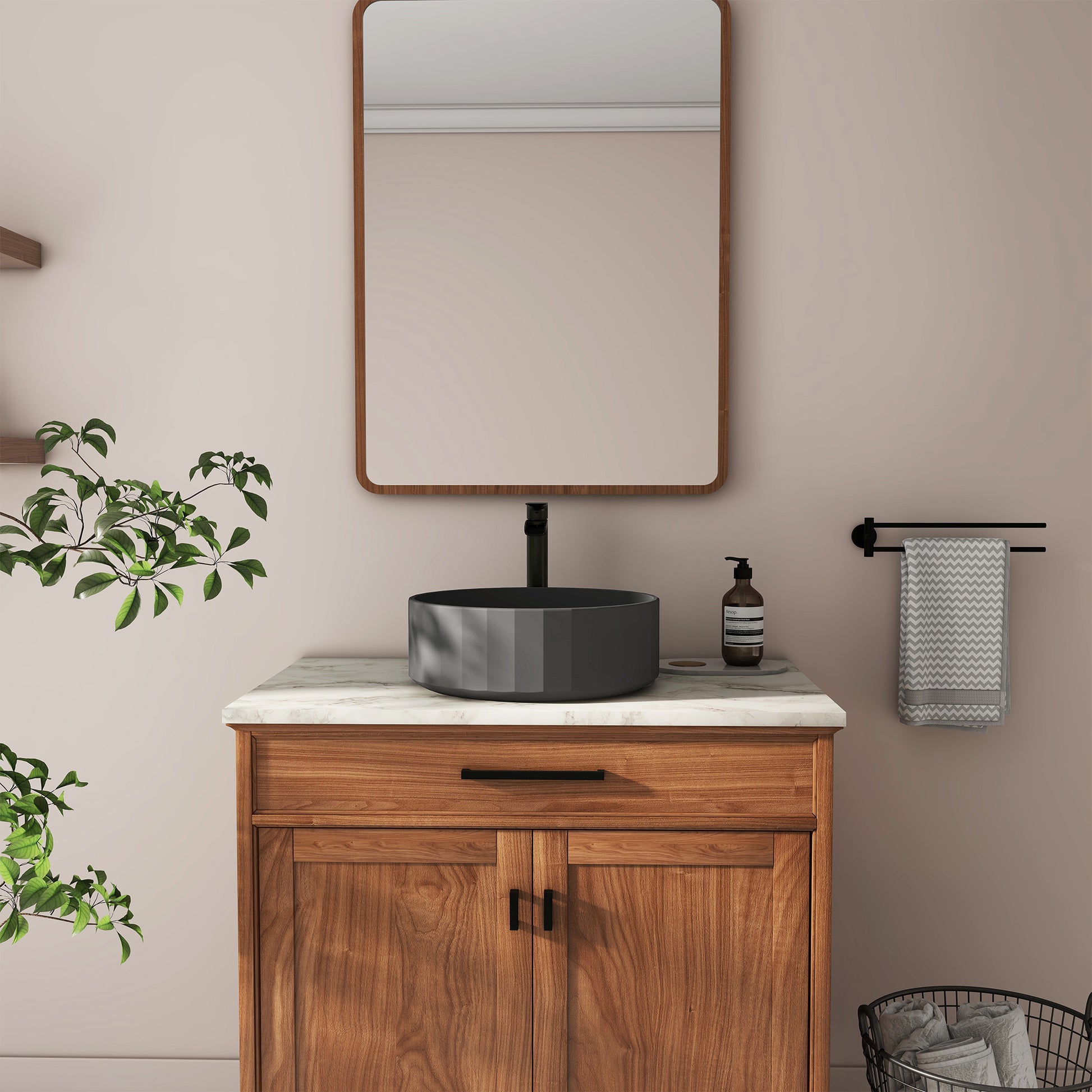 17in Bathroom Concrete Round Vessel Sink with Drainer in Black Earth / Mottled Bluish Grey / Taupe Clay