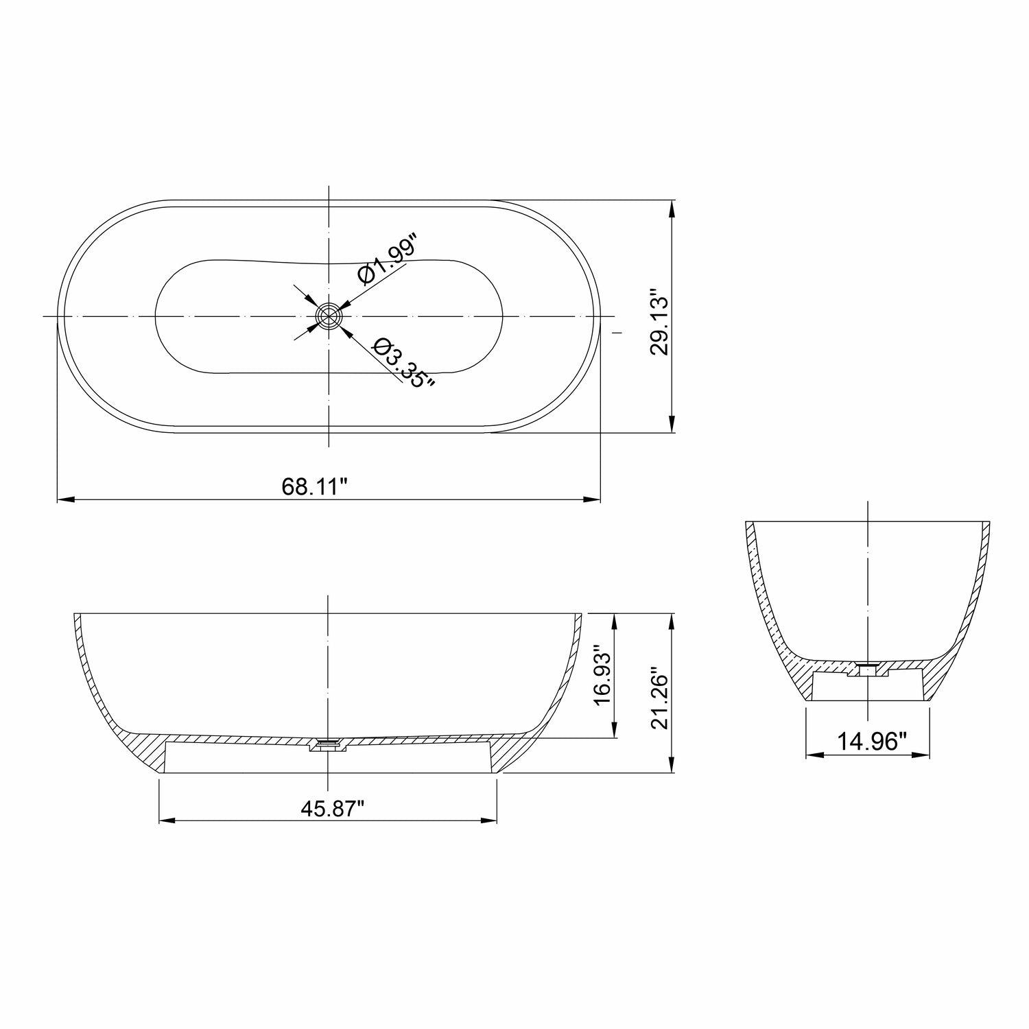 68.9" Modern Oval Freestanding Bathtub, Translucent Grey Blue Deep Soaking Tub for Bathroom