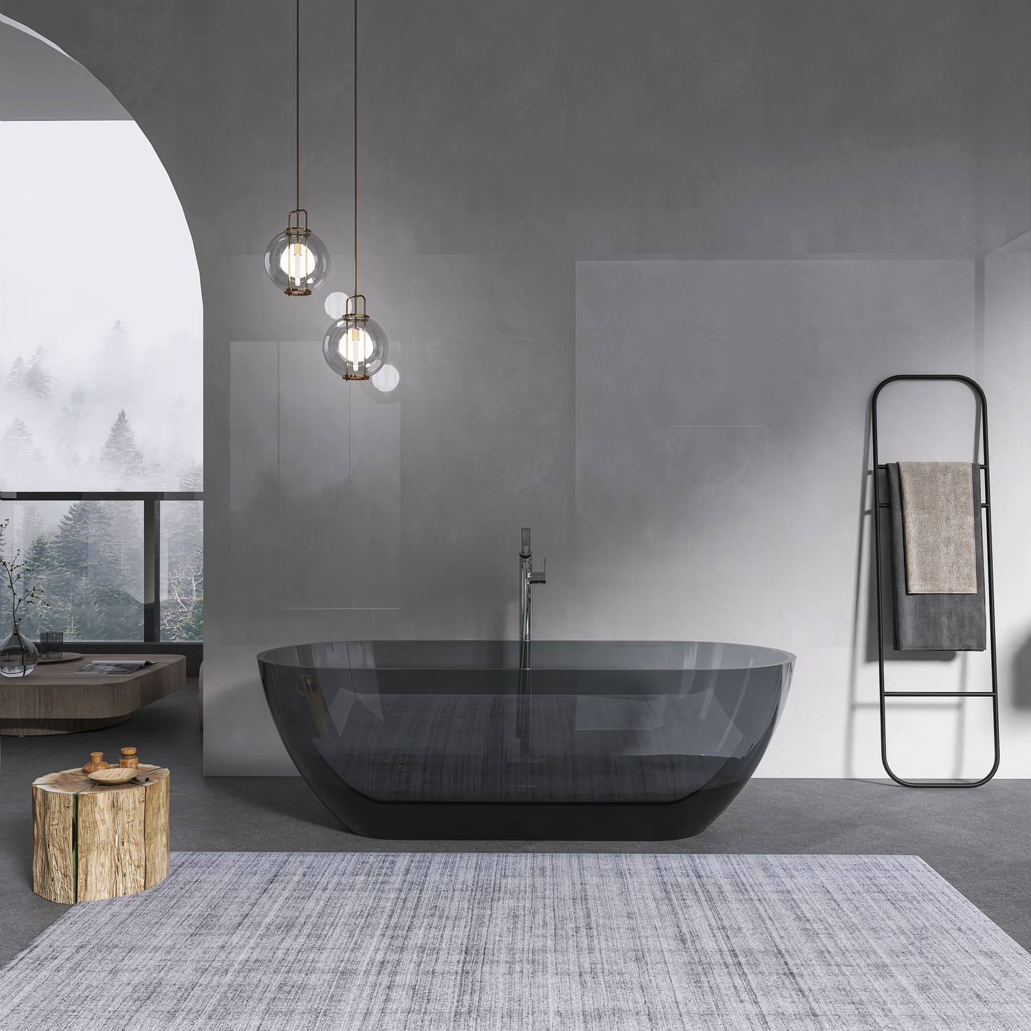 68.9" Modern Oval Freestanding Bathtub, Translucent Grey Blue Deep Soaking Tub for Bathroom