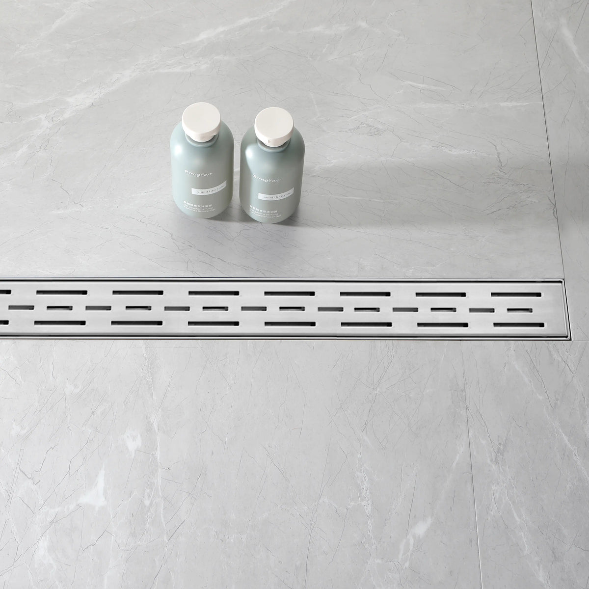 Linear Shower Drain with Brick Pattern Grate Cover and Hair Strainer in 304 Stainless Steel