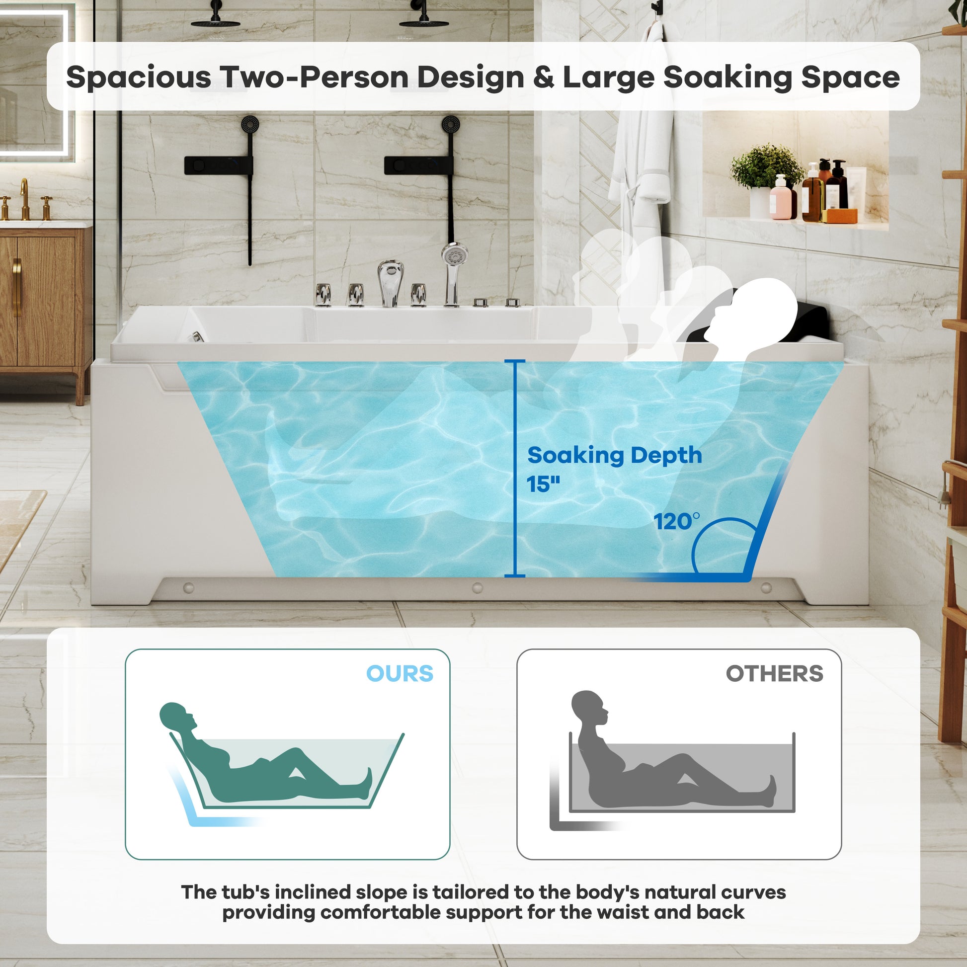 73" Two-Person Whirlpool Tub with Hydro Massage Jets & Chromotherapy Lighting