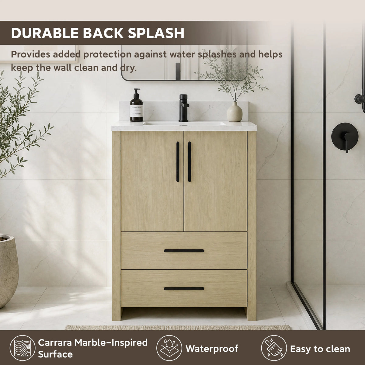 24"/36" Single Sink Bathroom Vanity with Light Natural Wood & Marble Top