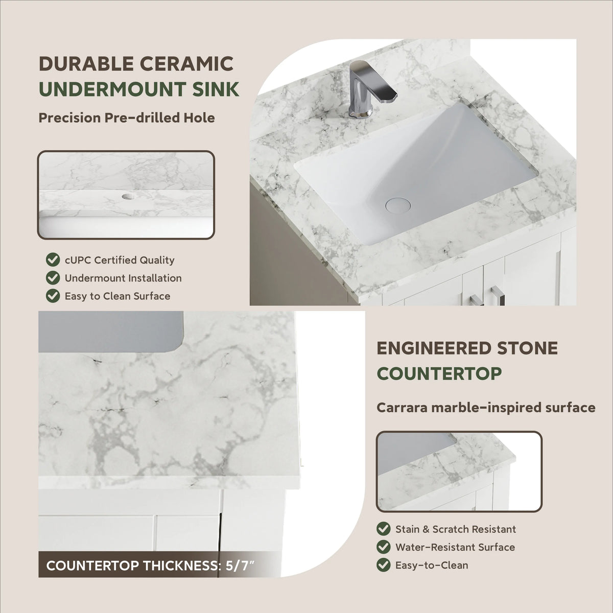 24" Freestanding Single Sink Bathroom Vanity with Solid Wood Frame & Engineered Stone Top