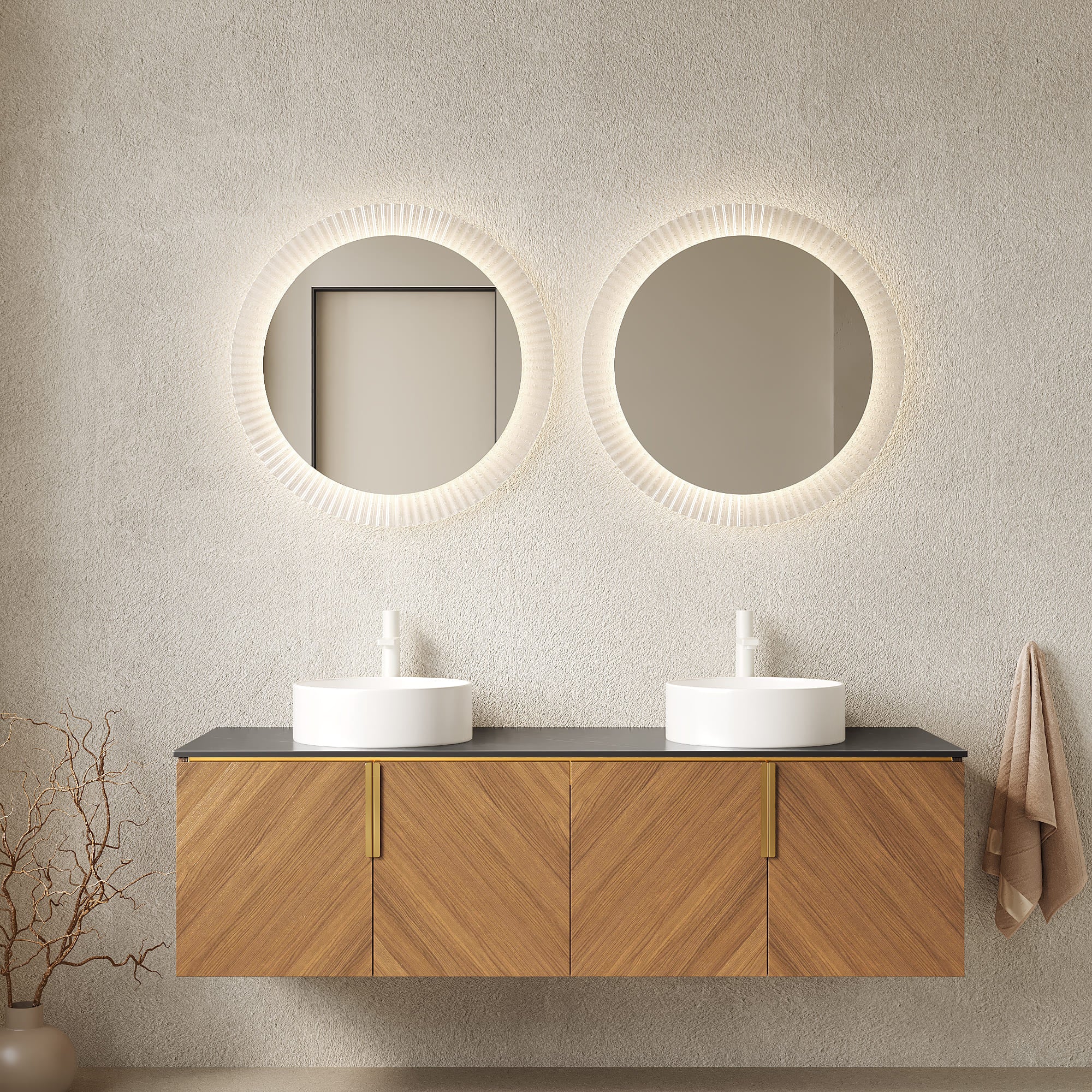 30 in. / 60 in. Floating Bathroom Vanity with Black Sintered Stone Top and Round Ceramic Vessel Sink, Brown Oak Woodgrain