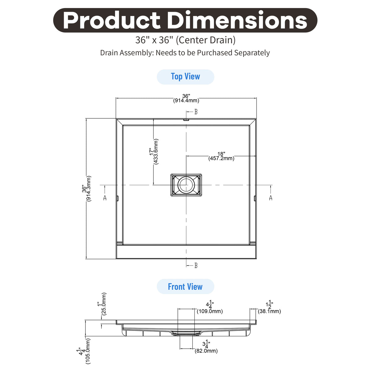 36"-60"x30"-36" White SMC Shower Base with Flamed Rock Slip-Resistant Surface, Center Drain