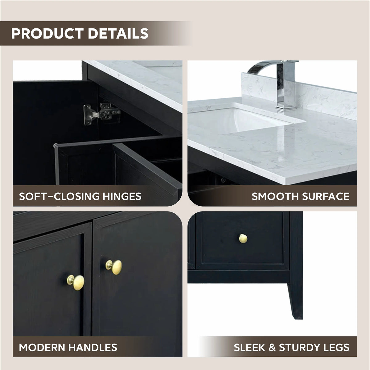 42" Matte Black Bathroom Vanity with Single Sink & Marble Top